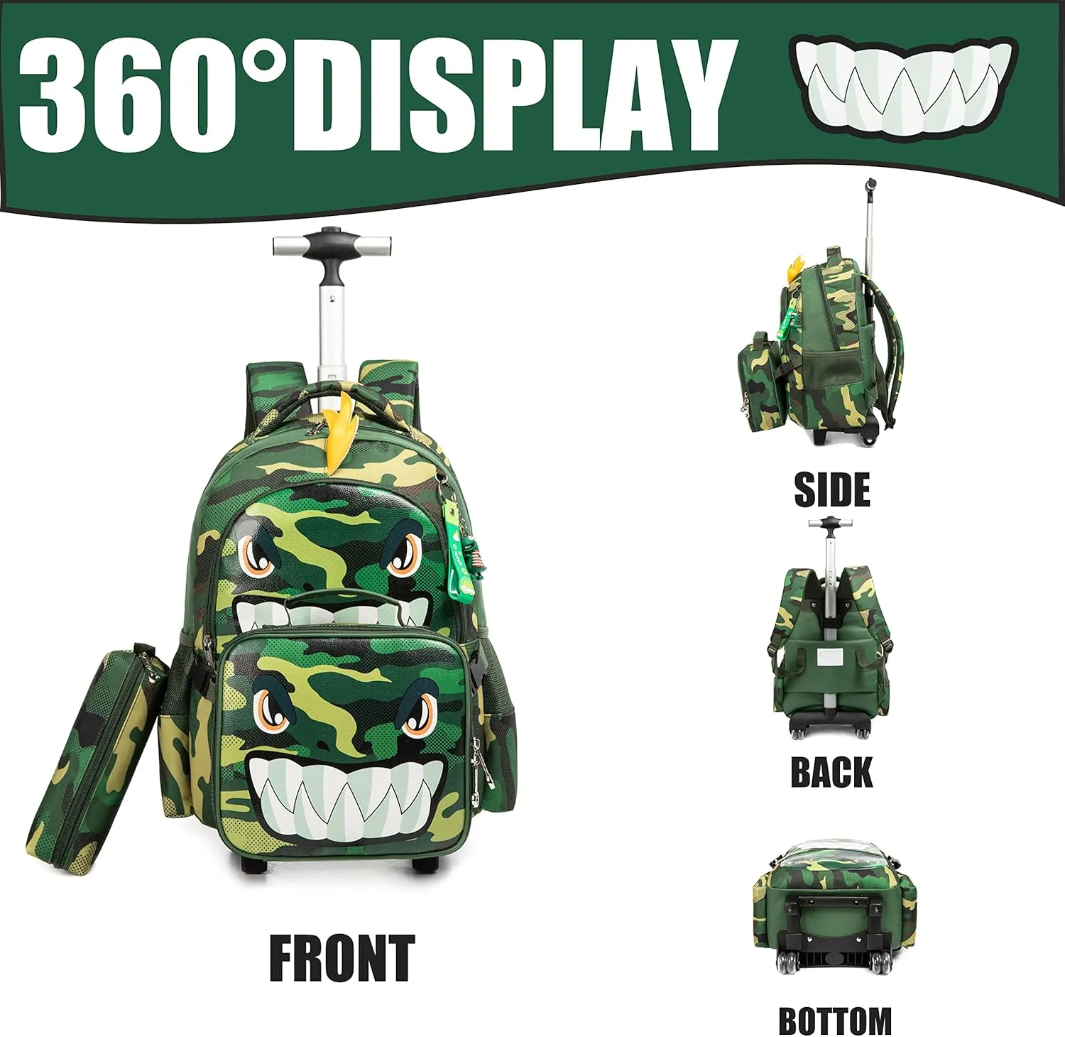 Dinosaur Rolling Backpack Boys Kids Rolling Backpack with Wheels for Boys Wheeled Backpack Carry on Luggage Bookbag with Roller Set for Elementary