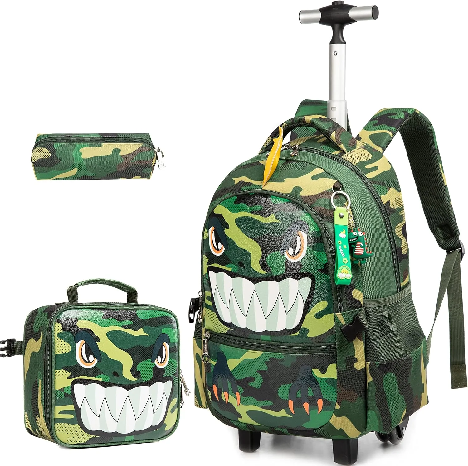 Dinosaur Rolling Backpack Boys Kids Rolling Backpack with Wheels for Boys Wheeled Backpack Carry on Luggage Bookbag with Roller Set for Elementary