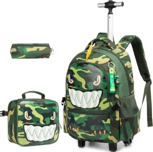 Dinosaur Rolling Backpack Boys Kids Rolling Backpack with Wheels for Boys Wheeled Backpack Carry on Luggage Bookbag with Roller Set for Elementary