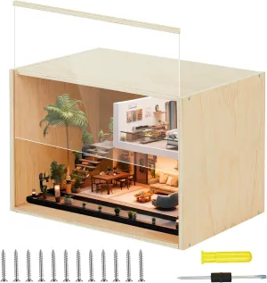 Diorama Box Unfinished Large Display Box Wooden Display Cases for Collectibles 15.7'' x 11'' x 11'' with Transparent Lid Desktop Wood Storage Container for Dolls Dollhouse Miniature Figures