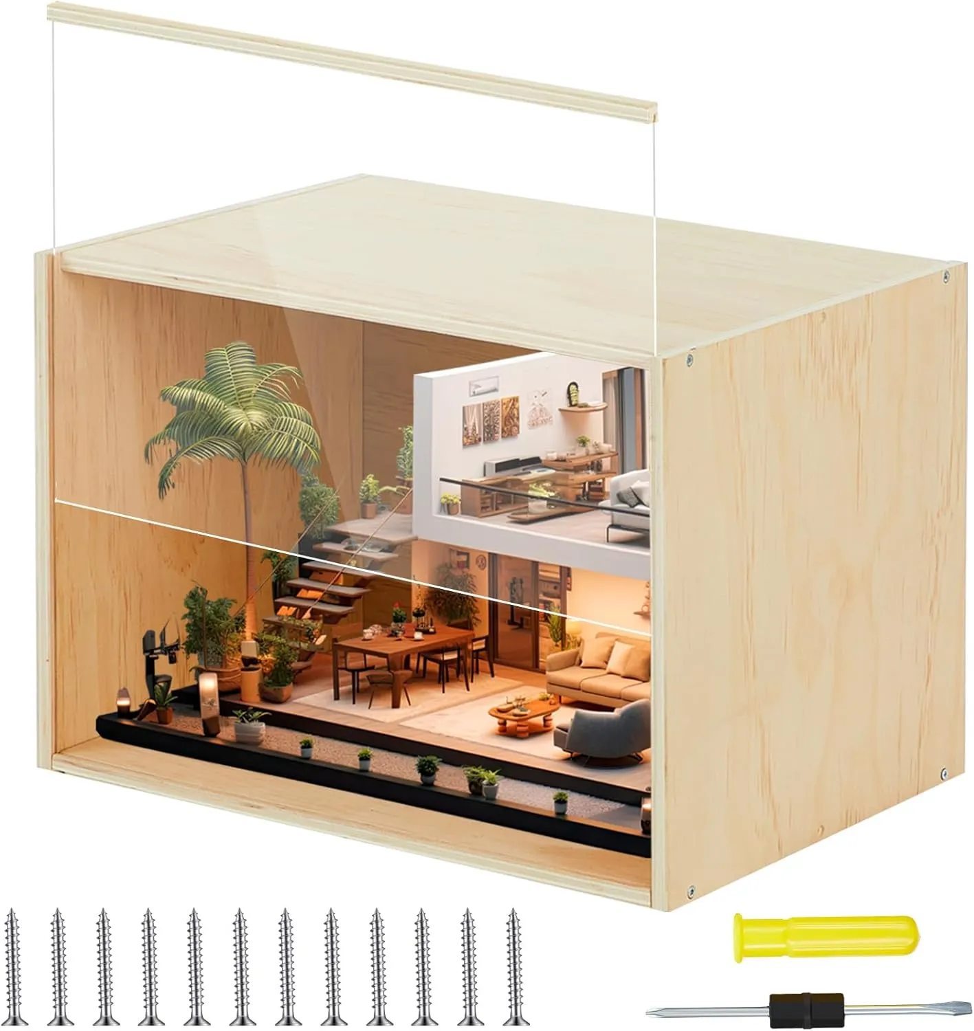 Diorama Box Unfinished Large Display Box Wooden Display Cases for Collectibles 15.7'' x 11'' x 11'' with Transparent Lid Desktop Wood Storage Container for Dolls Dollhouse Miniature Figures