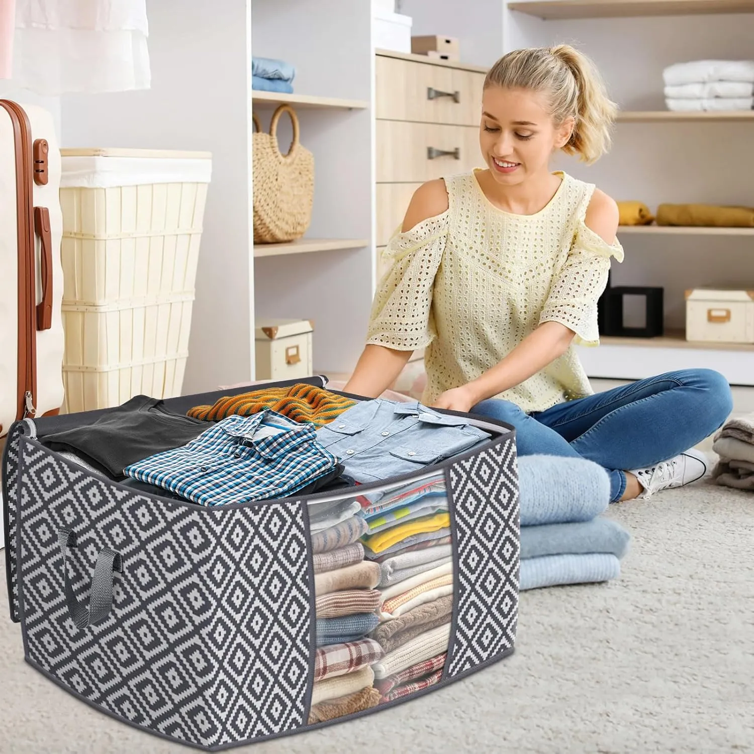 Direct 100L Storage Containers, Large Clothes Storage Bins Foldable Organization and Storage Bags with Reinforced Handle, Clear Window for Bedding, Blankets, Clothing, 2 Pack, Grey