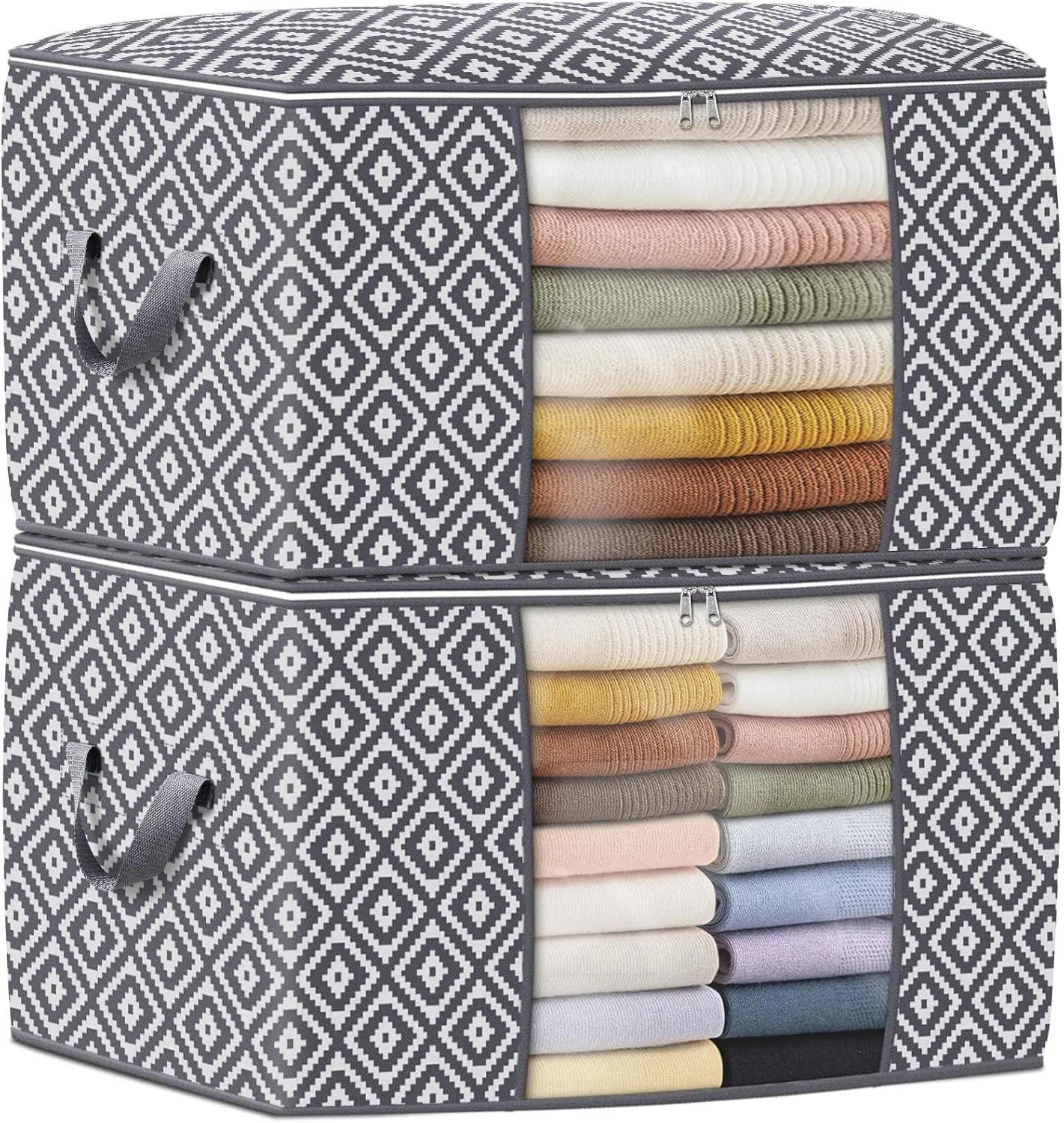 Direct 100L Storage Containers, Large Clothes Storage Bins Foldable Organization and Storage Bags with Reinforced Handle, Clear Window for Bedding, Blankets, Clothing, 2 Pack, Grey