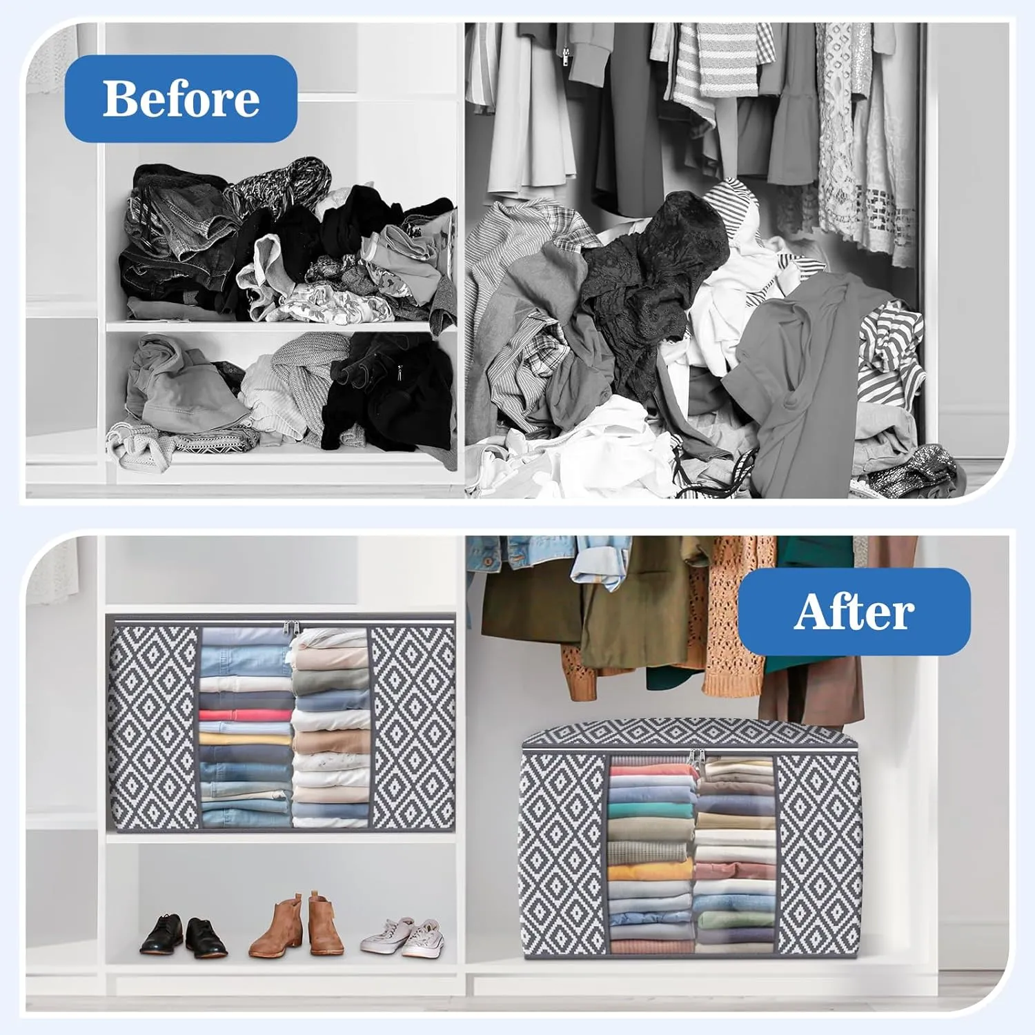Direct 100L Storage Containers, Large Clothes Storage Bins Foldable Organization and Storage Bags with Reinforced Handle, Clear Window for Bedding, Blankets, Clothing, 2 Pack, Grey