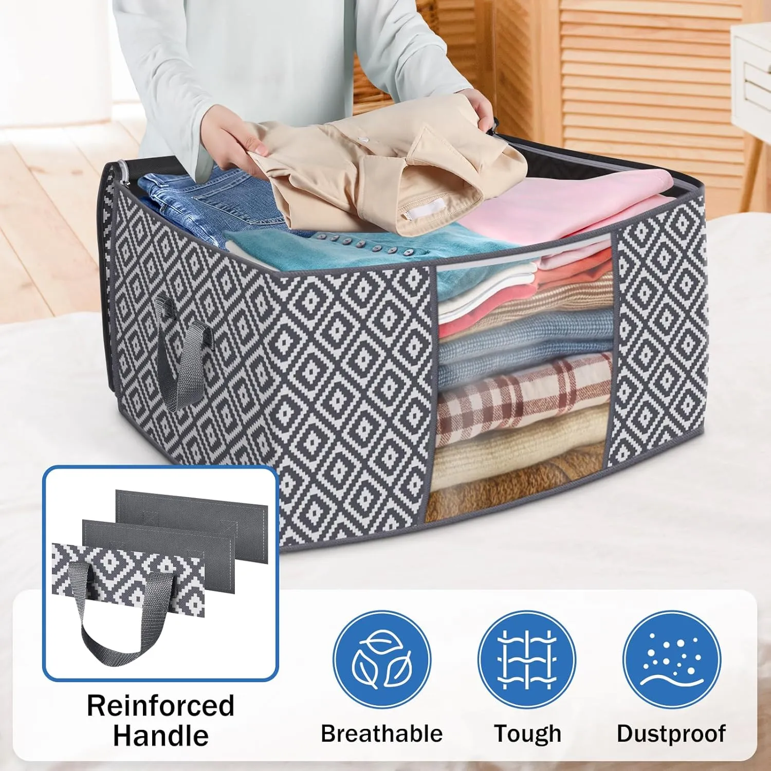 Direct 100L Storage Containers, Large Clothes Storage Bins Foldable Organization and Storage Bags with Reinforced Handle, Clear Window for Bedding, Blankets, Clothing, 2 Pack, Grey