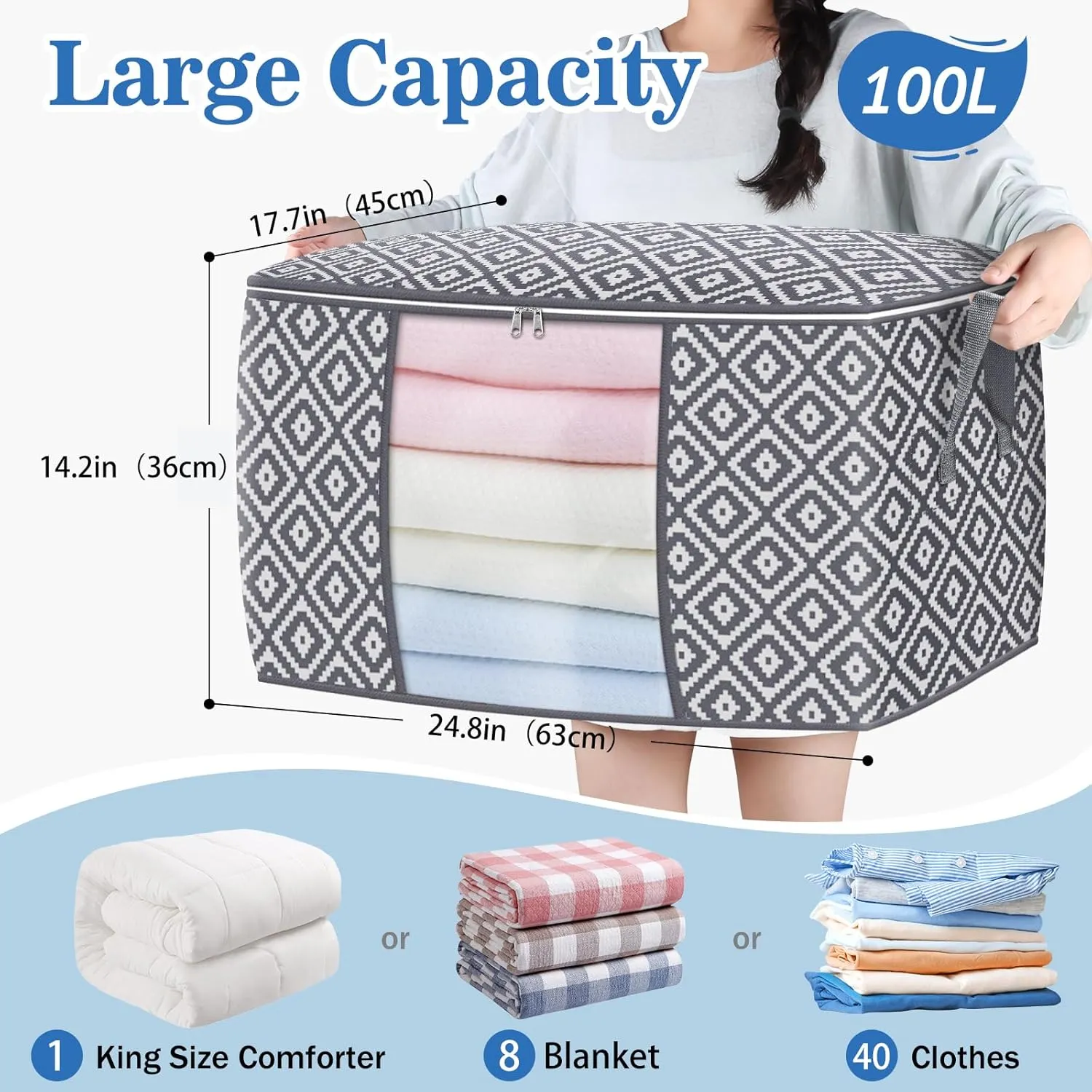 Direct 100L Storage Containers, Large Clothes Storage Bins Foldable Organization and Storage Bags with Reinforced Handle, Clear Window for Bedding, Blankets, Clothing, 2 Pack, Grey