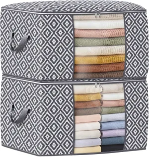 Direct 100L Storage Containers, Large Clothes Storage Bins Foldable Organization and Storage Bags with Reinforced Handle, Clear Window for Bedding, Blankets, Clothing, 2 Pack, Grey