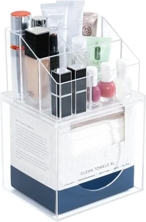 Disposable Face Towel Holder, 2 in 1 Wall Mounted Acrylic Facial Towel Storage Box Compatible with Clean Skin Club Face Towels XL, Clear Countertop Container Makeup Organizer for Bathroom Vanity