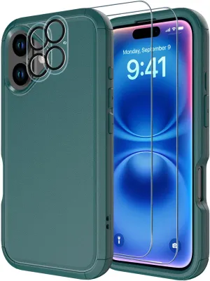 Diverbox for iPhone 16 Case [Shockproof] [Dropproof] [Tempered Glass Screen Protector   Camera Protectors] Heavy Duty Protection Phone Case Cover for Apple iPhone 16 (Dark Green)
