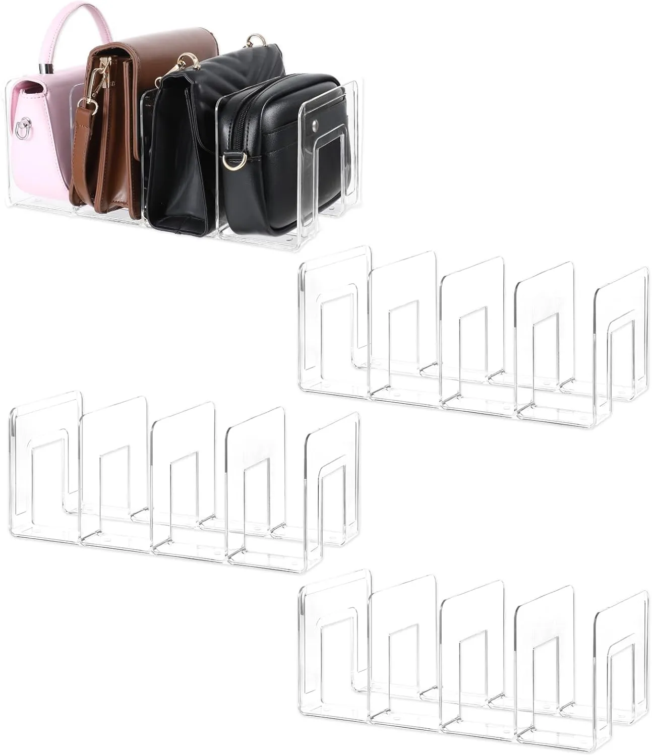 DIVINA VITAE 4Pcs Purse Storage Organizer for Closet, Clear Closet Purse Organizer Acrylic Shelf Dividers File Book Bag Handbag Organizers for Bedroom, Office(12.6 x 5.67inch)