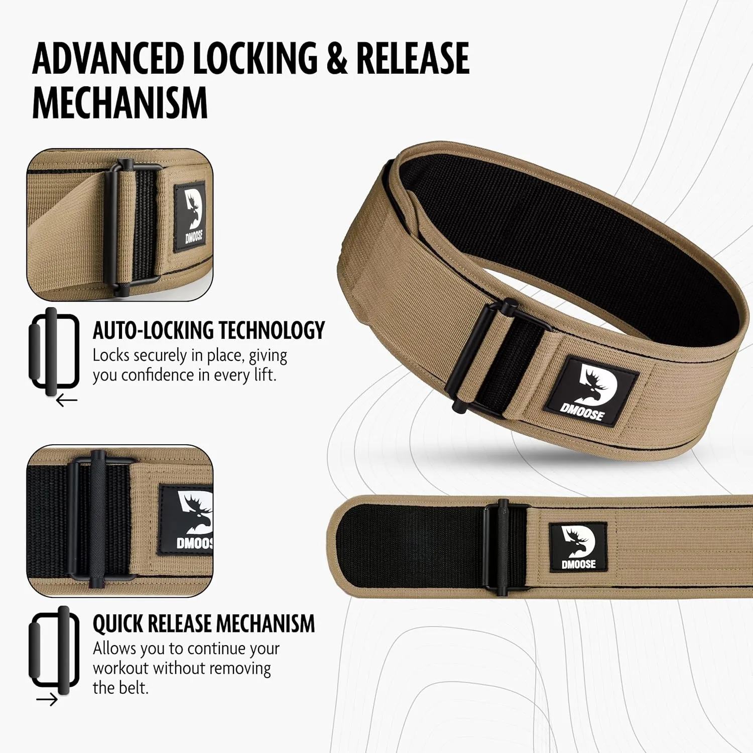 DMoose Weight Lifting Belt - Auto Locking Gym Belt for Olympic Training, WOD, Cross Training for Men and Women - 4" Nylon Workout belt with Adjustable Buckle - Provides Lumbar Support and Stability