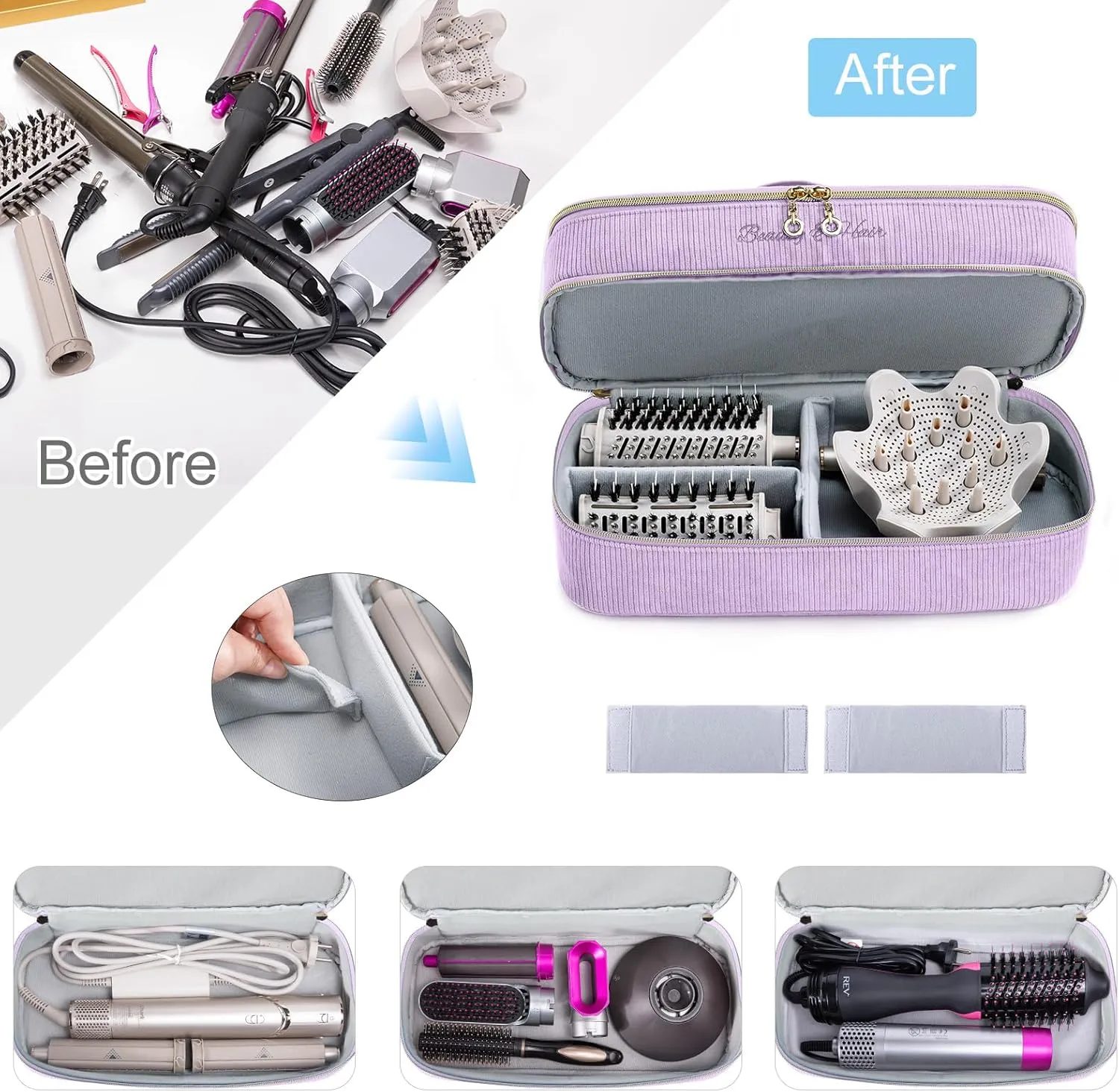 Double-layer Hair Tools Travel Case with Black Hair Dryer Bag with Detachable Divider compatible with Shark FlexStyle/SmoothStyle - Flat Curling Iron Travel Organizer