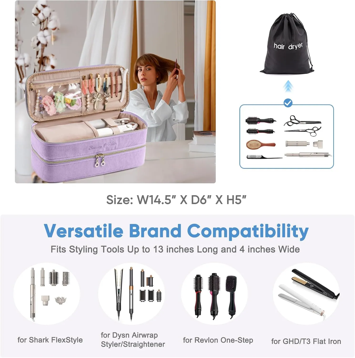 Double-layer Hair Tools Travel Case with Black Hair Dryer Bag with Detachable Divider compatible with Shark FlexStyle/SmoothStyle - Flat Curling Iron Travel Organizer