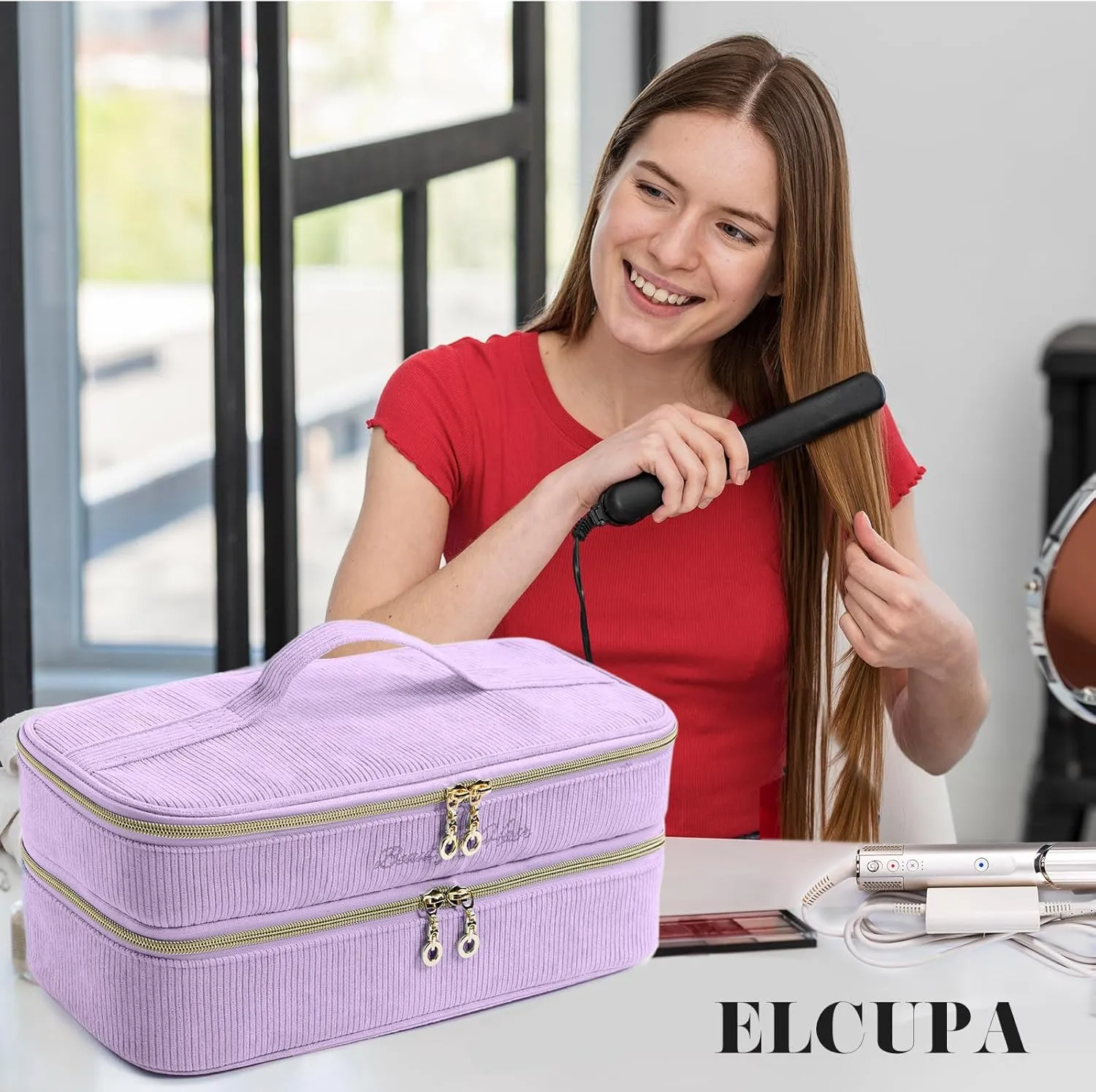 Double-layer Hair Tools Travel Case with Black Hair Dryer Bag with Detachable Divider compatible with Shark FlexStyle/SmoothStyle - Flat Curling Iron Travel Organizer