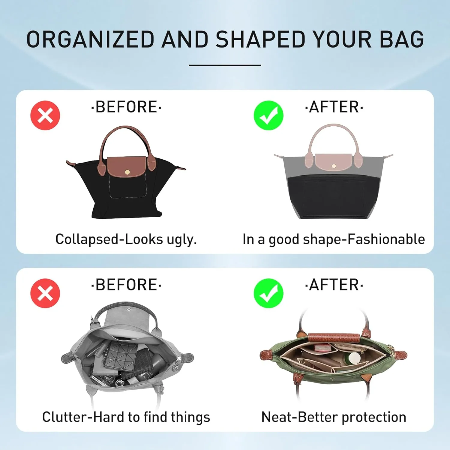 Doxo Longchamp Organizer Insert Small,Bag Organizer Suitable for Le pliage Small,Keeps Tote Handbags Shaped & Neat (Black,S)