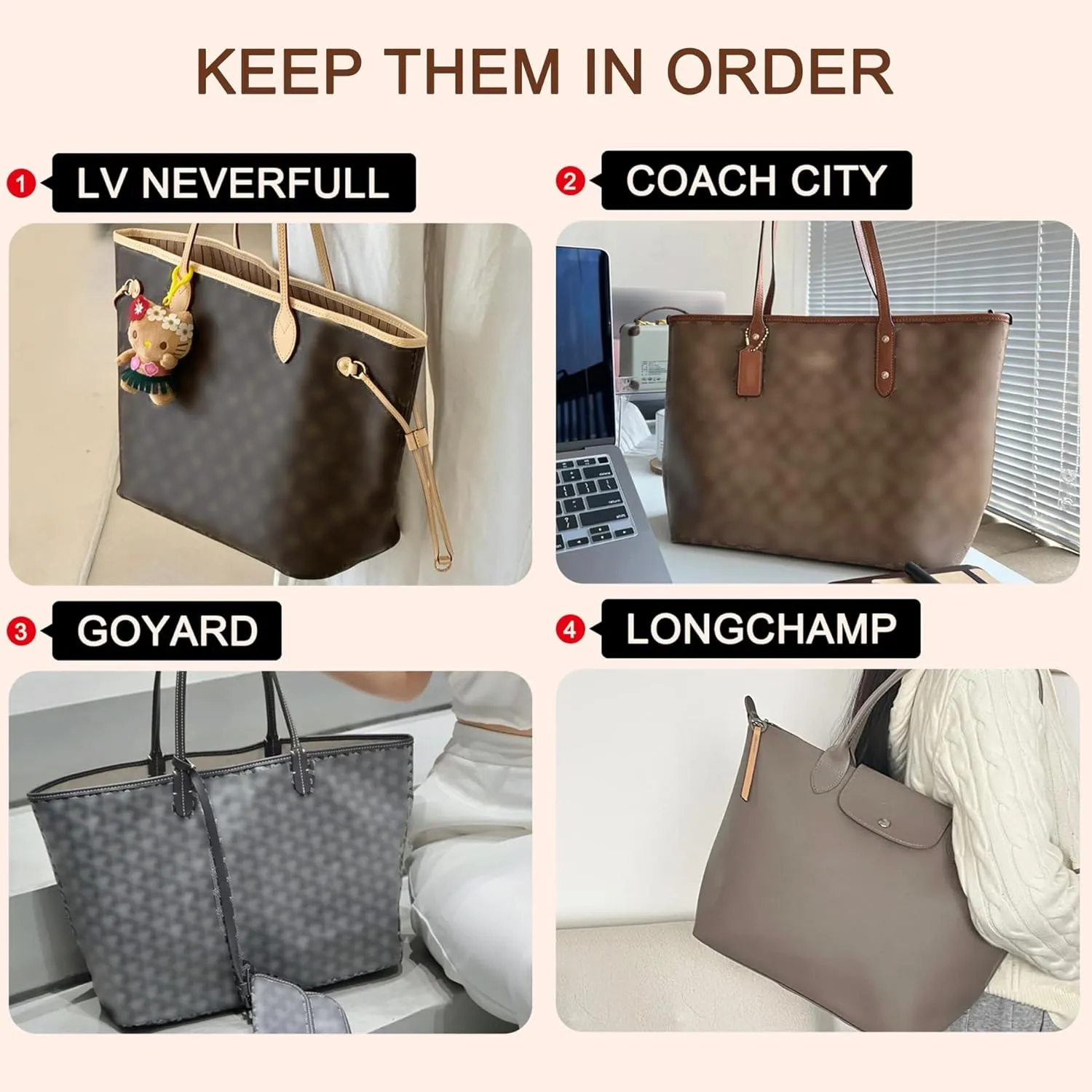 Doxo Upgraded Lv Neverfull PM Organizer Insert,Bag Orgamizer Insert for Lv Neverfull Medium,Dupontpaper Lightweight & Waterproof Purse Insert Orgamizer with Multi-pockets(White-no zipper,PM)