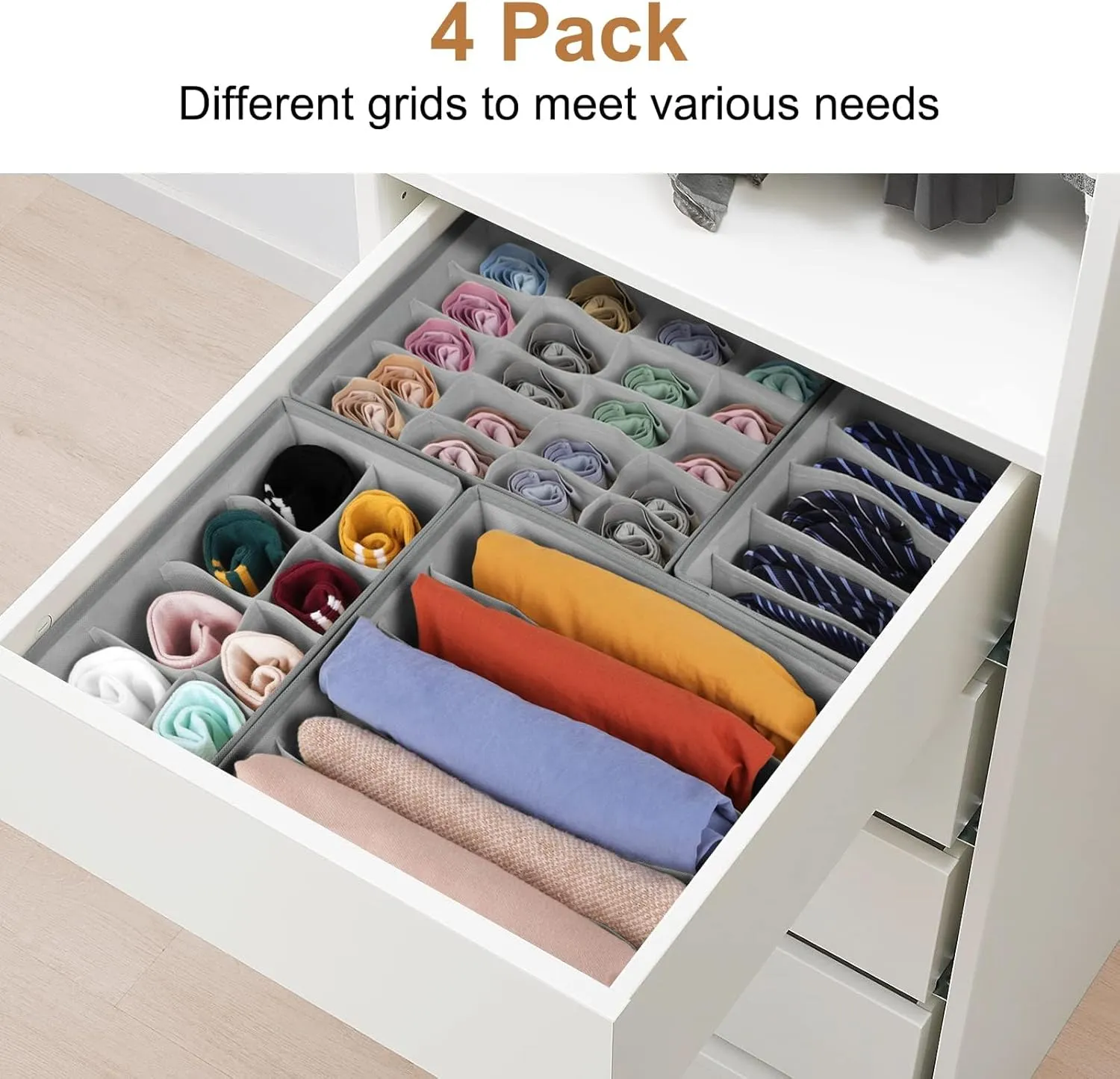 Drawer Organizer Divider, Foldable Closet Storage Organizer Basket, and Fabric Organization Bins for Clothes, Socks, Underwear, Bras, Ties, Accessories, 4 Pcs (Light Grey)