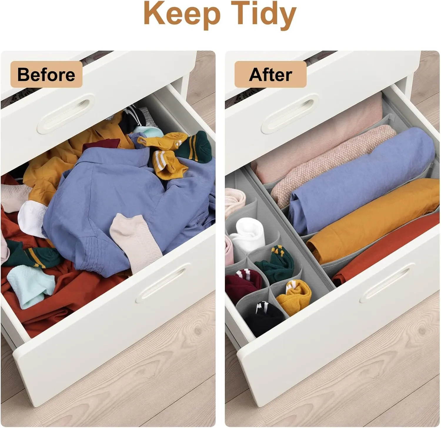 Drawer Organizer Divider, Foldable Closet Storage Organizer Basket, and Fabric Organization Bins for Clothes, Socks, Underwear, Bras, Ties, Accessories, 4 Pcs (Light Grey)