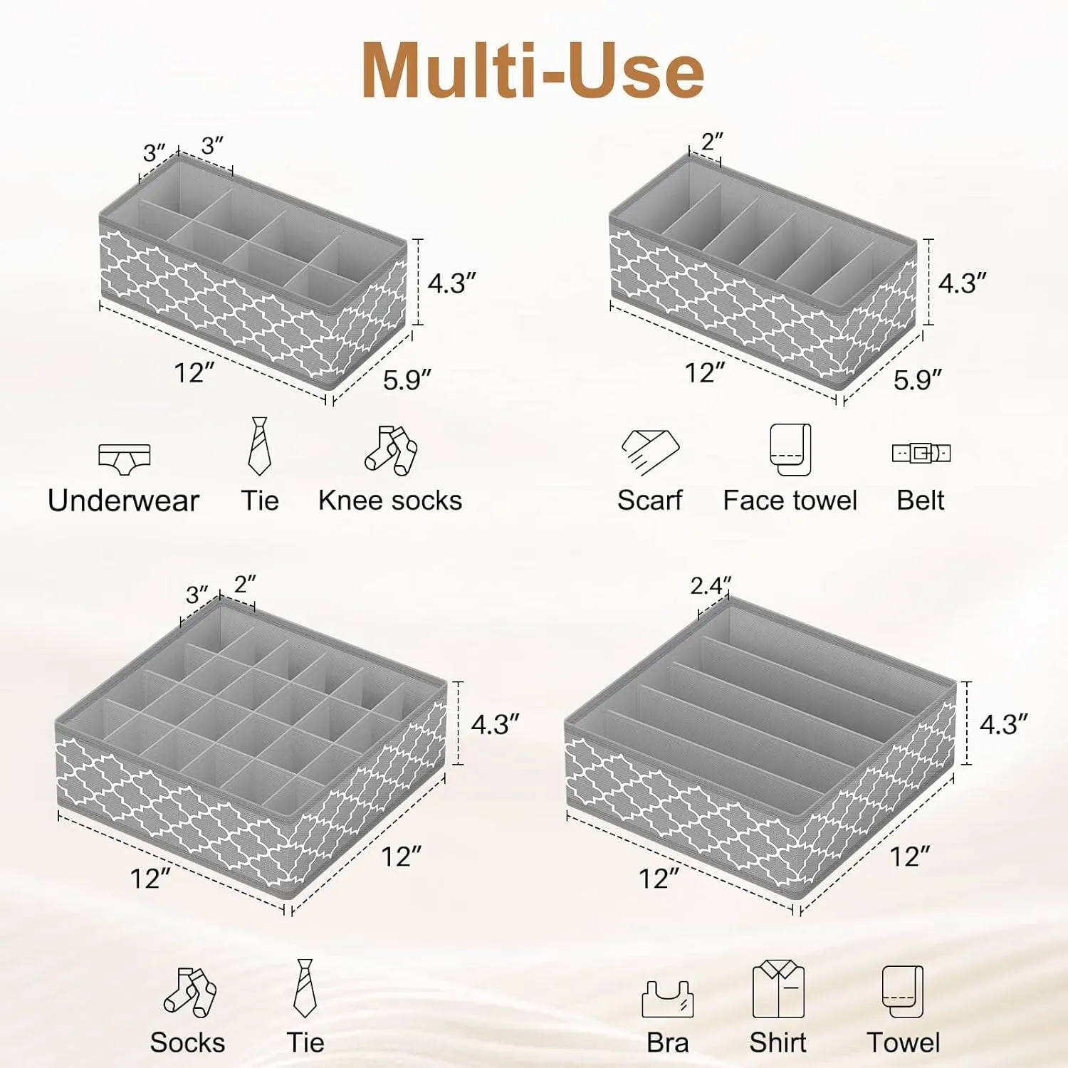 Drawer Organizer Divider, Foldable Closet Storage Organizer Basket, and Fabric Organization Bins for Clothes, Socks, Underwear, Bras, Ties, Accessories, 4 Pcs (Light Grey)