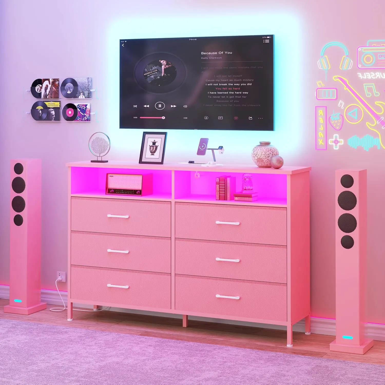 Dresser for bedroom, Pink Bedroom Dresser with LED Lights and Charging Station, 6 Long Drawers Dressers, Tall Wide Fabric Chest of Drawers Storage Organizer TV Stand for up to 60" TV for Living Room