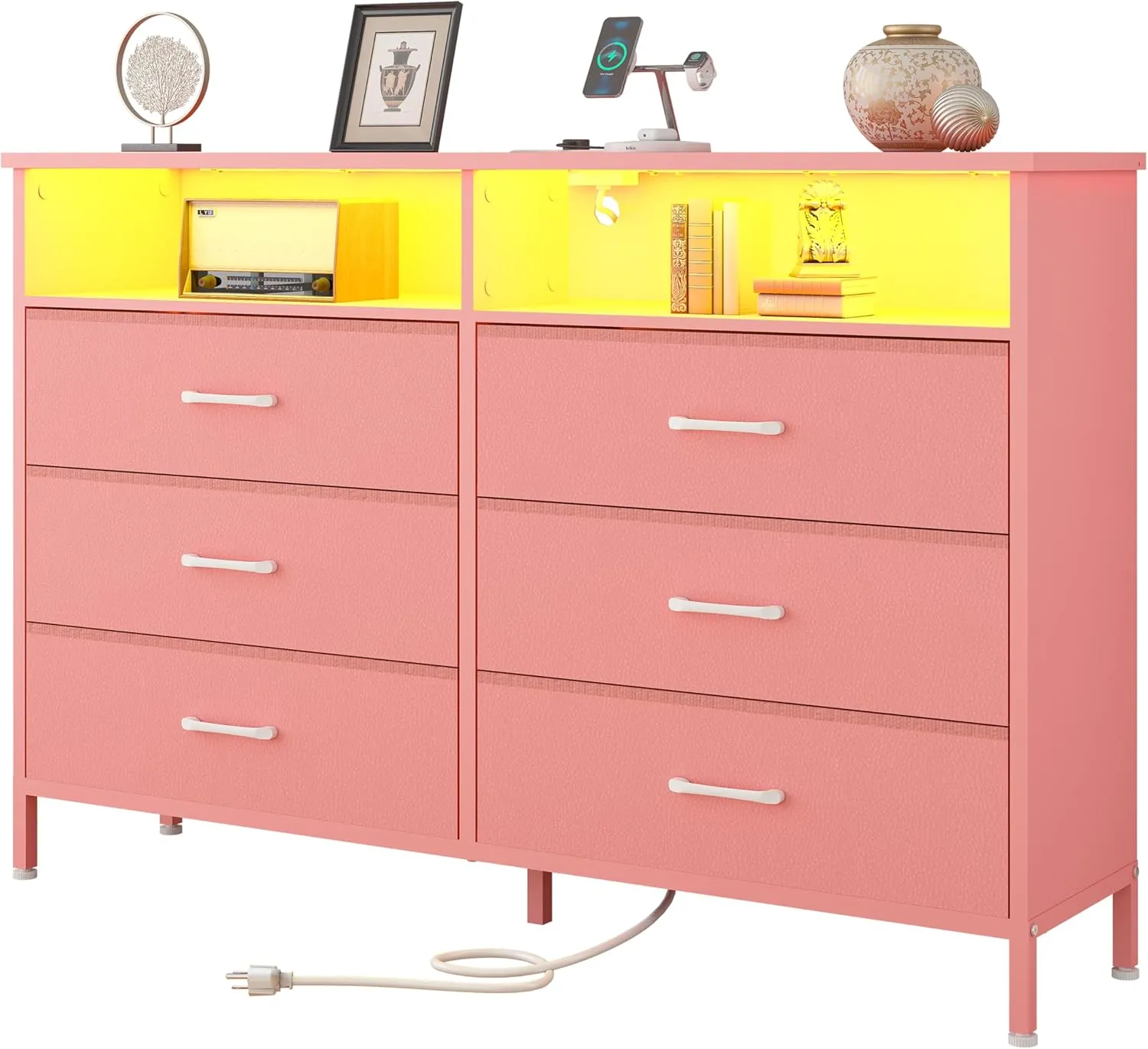 Dresser for bedroom, Pink Bedroom Dresser with LED Lights and Charging Station, 6 Long Drawers Dressers, Tall Wide Fabric Chest of Drawers Storage Organizer TV Stand for up to 60" TV for Living Room