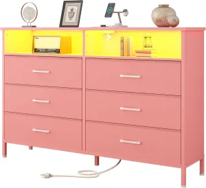 Dresser for bedroom, Pink Bedroom Dresser with LED Lights and Charging Station, 6 Long Drawers Dressers, Tall Wide Fabric Chest of Drawers Storage Organizer TV Stand for up to 60" TV for Living Room