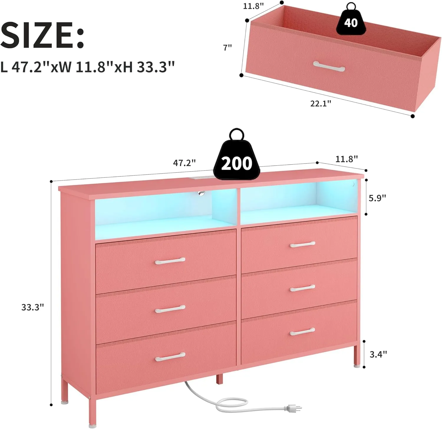 Dresser for bedroom, Pink Bedroom Dresser with LED Lights and Charging Station, 6 Long Drawers Dressers, Tall Wide Fabric Chest of Drawers Storage Organizer TV Stand for up to 60" TV for Living Room