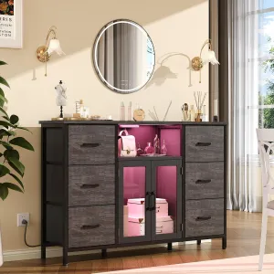 Dresser for Bedroom with Charging Station & LED Lights, Grey 6 Drawer Dresser with Adjustable Feet, Wide Anti-Tip TV Stand for 60" TV, Fabric Chest of Drawers Storage Organizer for Closet, Living Room