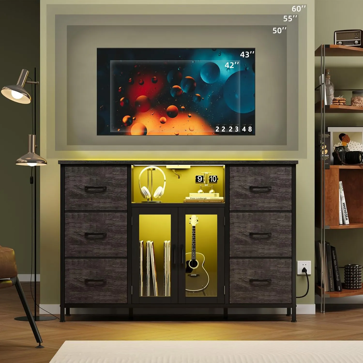 Dresser for Bedroom with Charging Station & LED Lights, Grey 6 Drawer Dresser with Adjustable Feet, Wide Anti-Tip TV Stand for 60" TV, Fabric Chest of Drawers Storage Organizer for Closet, Living Room