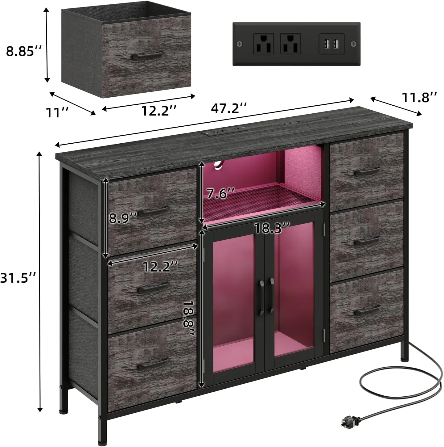 Dresser for Bedroom with Charging Station & LED Lights, Grey 6 Drawer Dresser with Adjustable Feet, Wide Anti-Tip TV Stand for 60" TV, Fabric Chest of Drawers Storage Organizer for Closet, Living Room