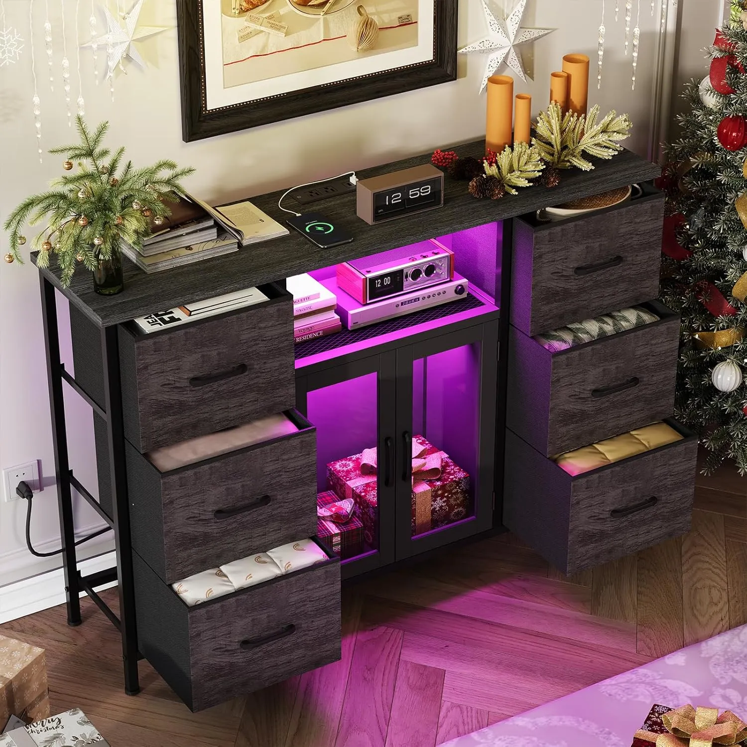 Dresser for Bedroom with Charging Station & LED Lights, Grey 6 Drawer Dresser with Adjustable Feet, Wide Anti-Tip TV Stand for 60" TV, Fabric Chest of Drawers Storage Organizer for Closet, Living Room
