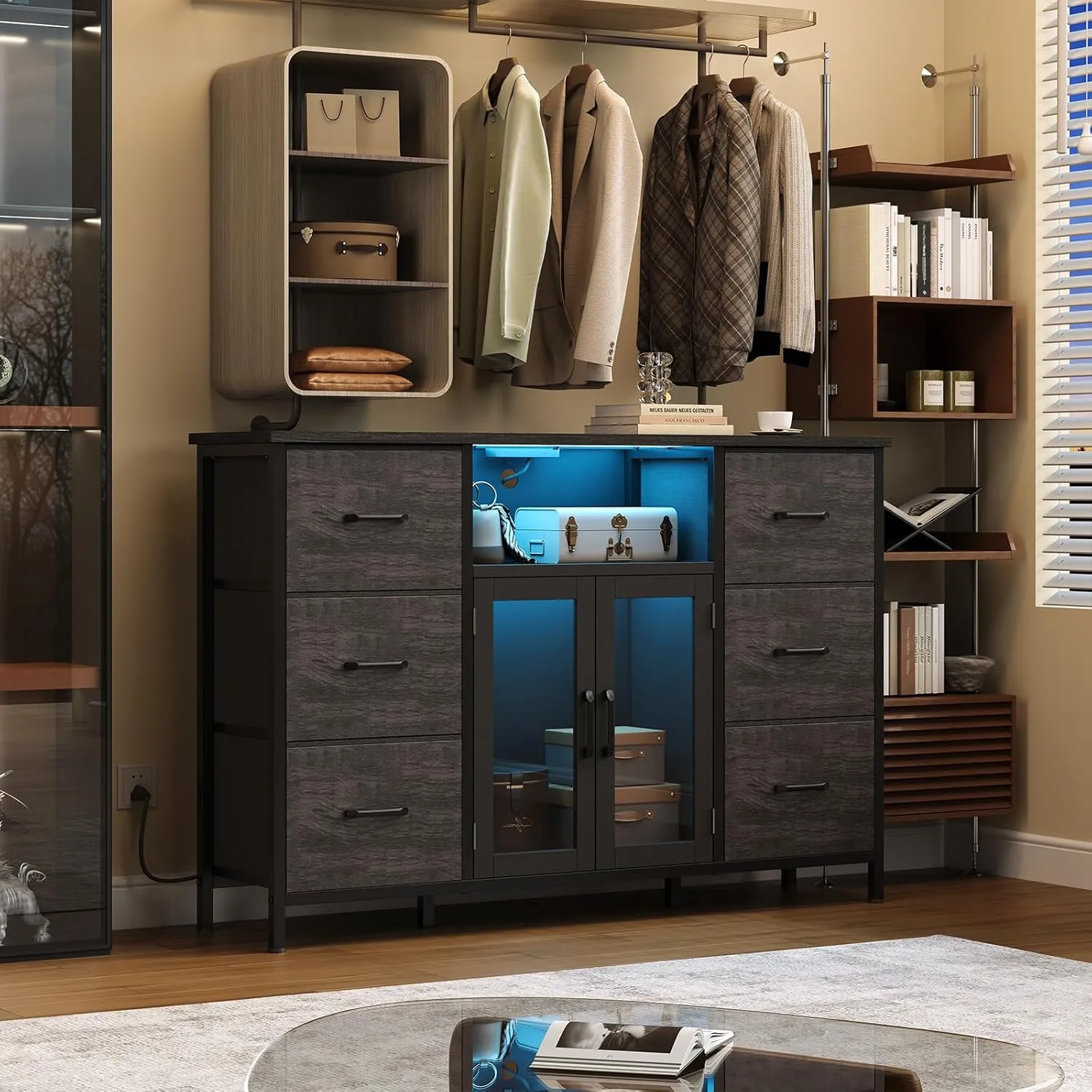 Dresser for Bedroom with Charging Station & LED Lights, Grey 6 Drawer Dresser with Adjustable Feet, Wide Anti-Tip TV Stand for 60" TV, Fabric Chest of Drawers Storage Organizer for Closet, Living Room
