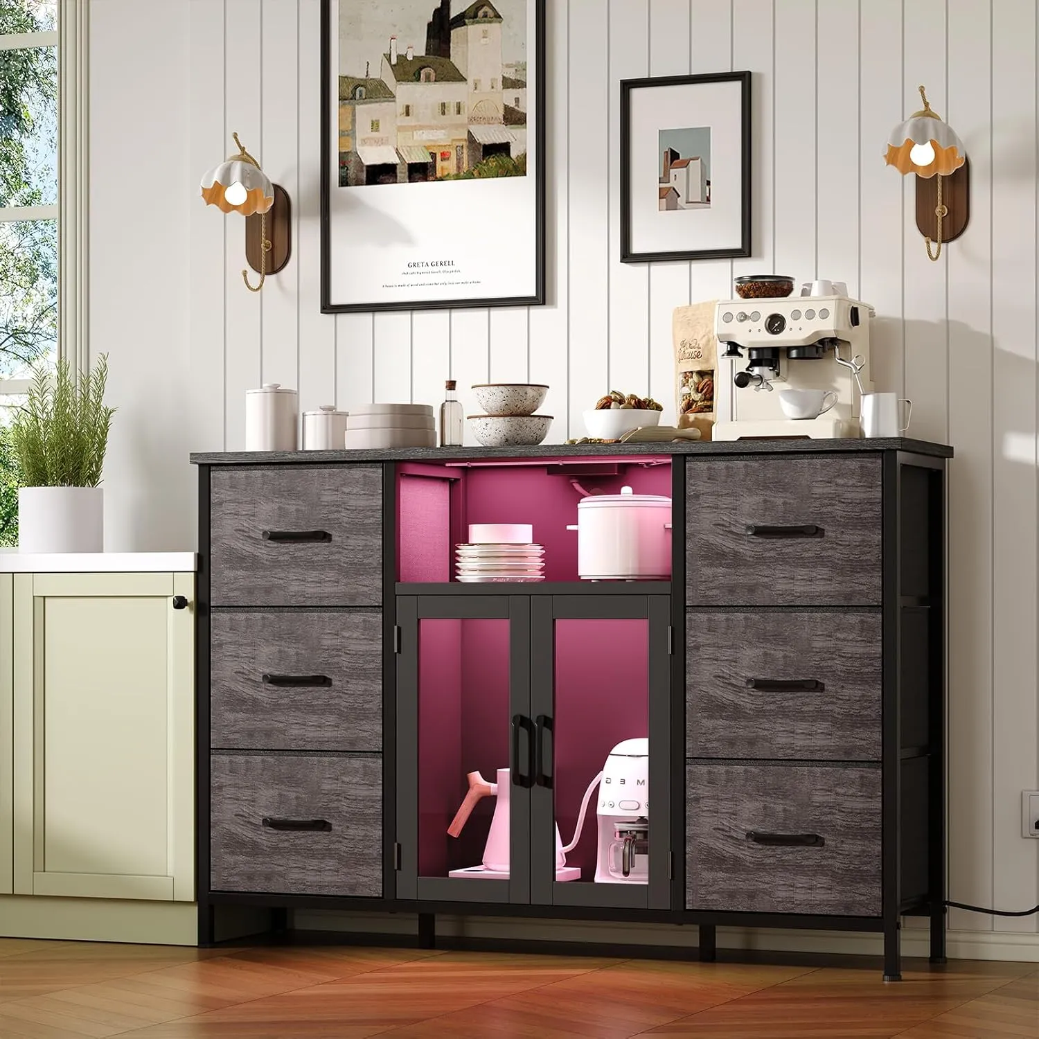 Dresser for Bedroom with Charging Station & LED Lights, Grey 6 Drawer Dresser with Adjustable Feet, Wide Anti-Tip TV Stand for 60" TV, Fabric Chest of Drawers Storage Organizer for Closet, Living Room
