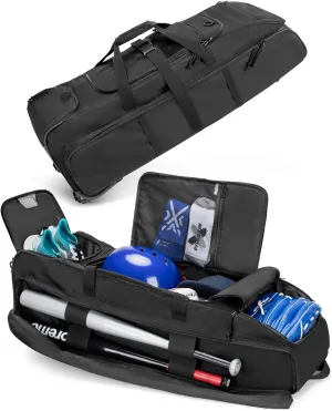 DSLEAF Rolling Baseball Bag with Wheels, Softball Catchers Bag for 4 Bats, Wheeled Baseball Equipment Bag with Separate Shoe Space and Multiple Pockets for All Softball Baseball Gear