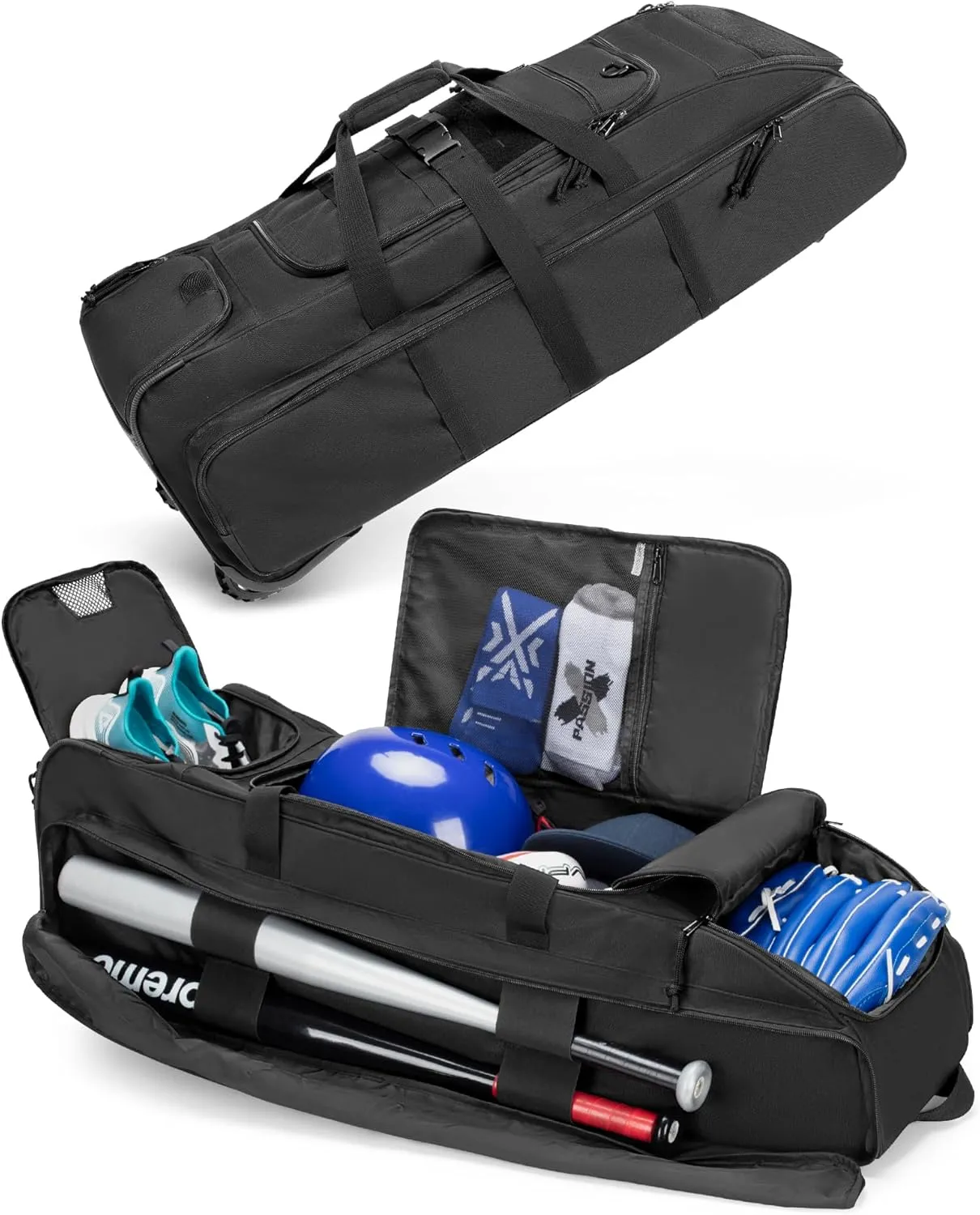 DSLEAF Rolling Baseball Bag with Wheels, Softball Catchers Bag for 4 Bats, Wheeled Baseball Equipment Bag with Separate Shoe Space and Multiple Pockets for All Softball Baseball Gear