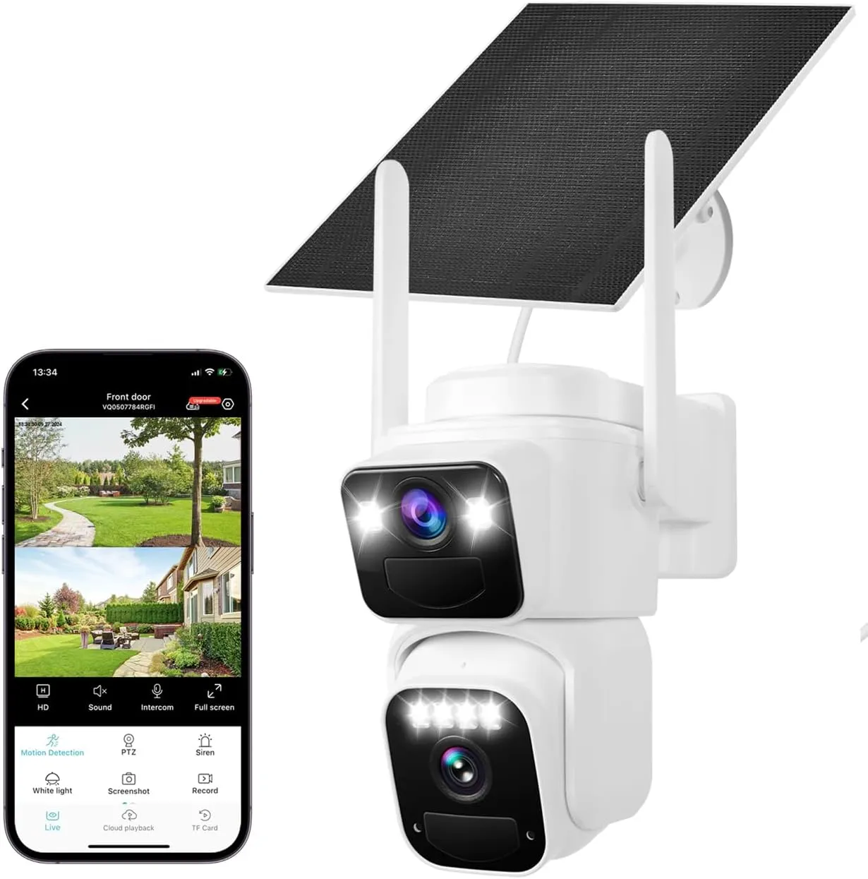 Dual Lens Dual Screen 2K Solar Security Camera Wireless Outdoor 360° View Battery Powered Camera with Spotlight Color Night Vision, PIR Sensor WiFi Home Security System