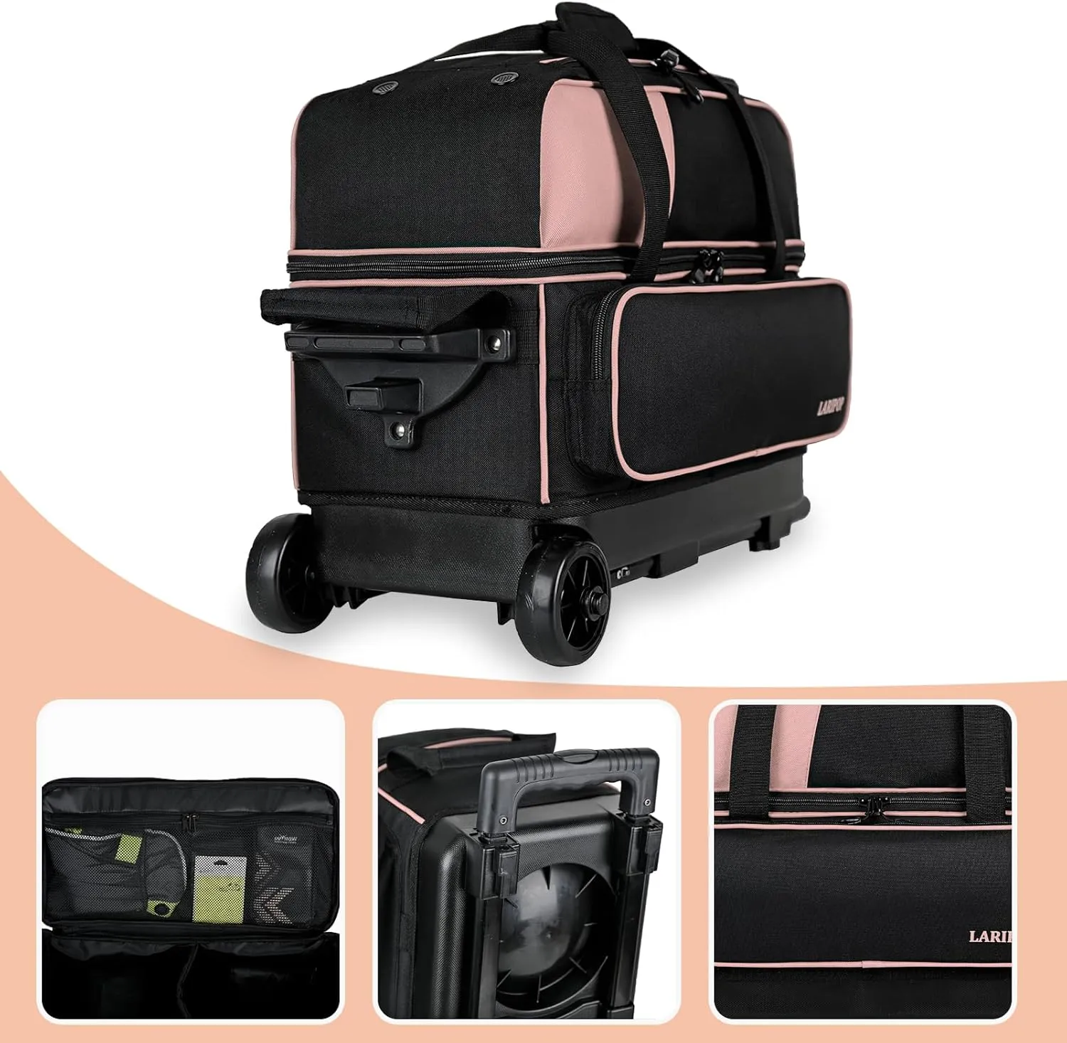 Dual Roller 2-Ball Bowling Bag, Featuring a Separate Large Shoe Compartment Capable, a 3-Section Telescopic Handle that Extends Up to 40"