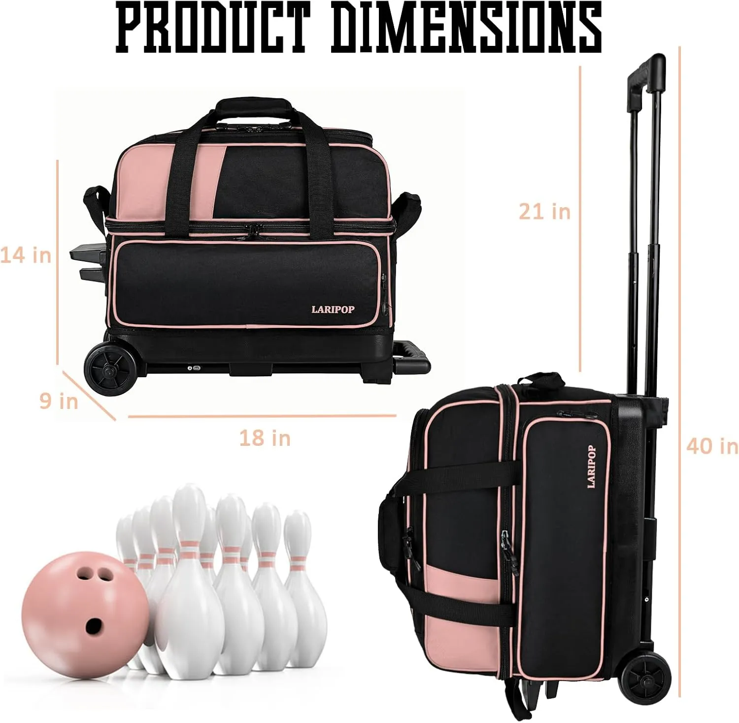 Dual Roller 2-Ball Bowling Bag, Featuring a Separate Large Shoe Compartment Capable, a 3-Section Telescopic Handle that Extends Up to 40"