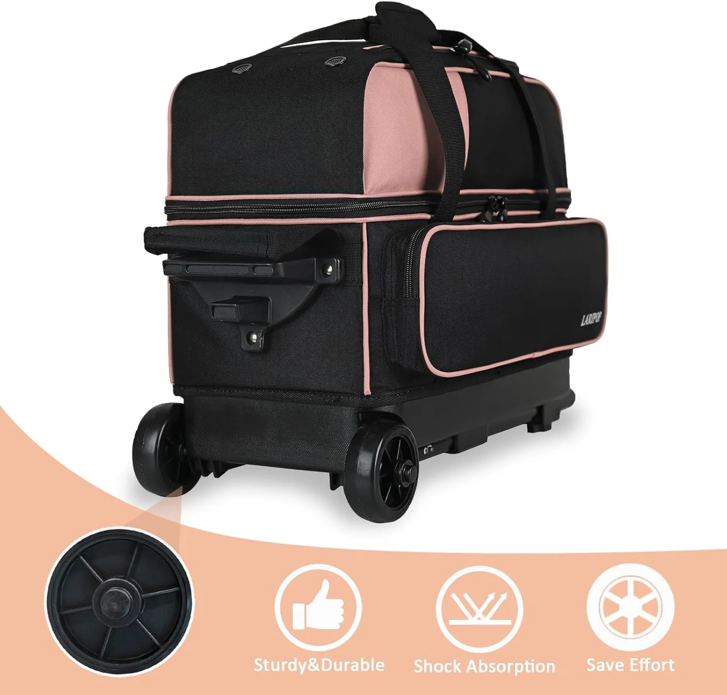 Dual Roller 2-Ball Bowling Bag, Featuring a Separate Large Shoe Compartment Capable, a 3-Section Telescopic Handle that Extends Up to 40"