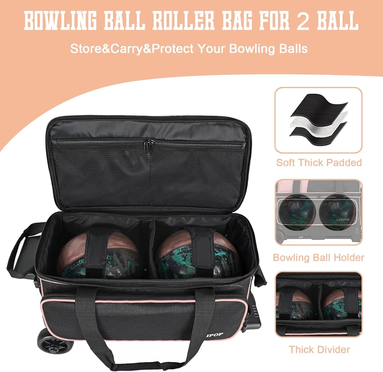 Dual Roller 2-Ball Bowling Bag, Featuring a Separate Large Shoe Compartment Capable, a 3-Section Telescopic Handle that Extends Up to 40"