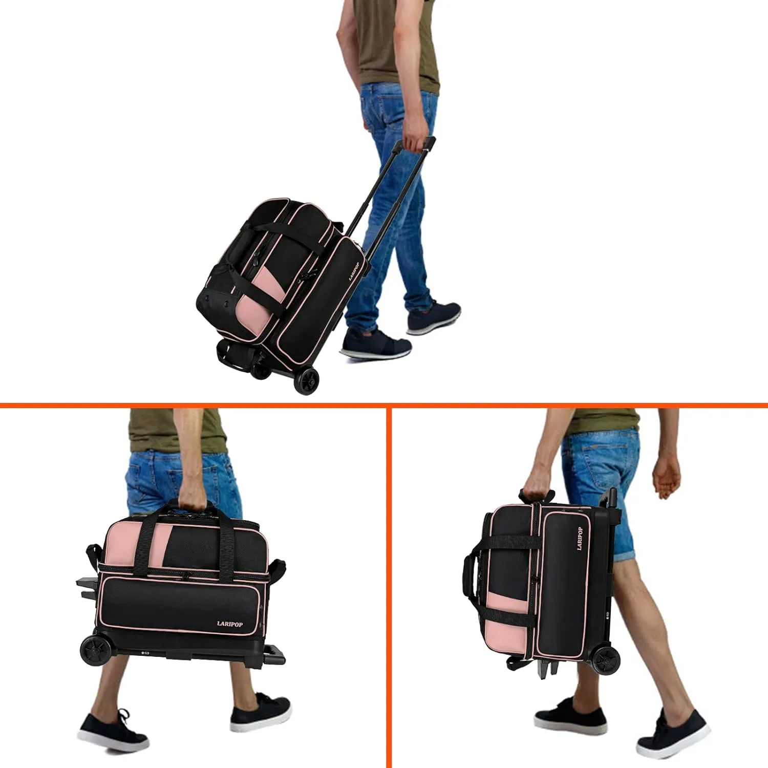 Dual Roller 2-Ball Bowling Bag, Featuring a Separate Large Shoe Compartment Capable, a 3-Section Telescopic Handle that Extends Up to 40"