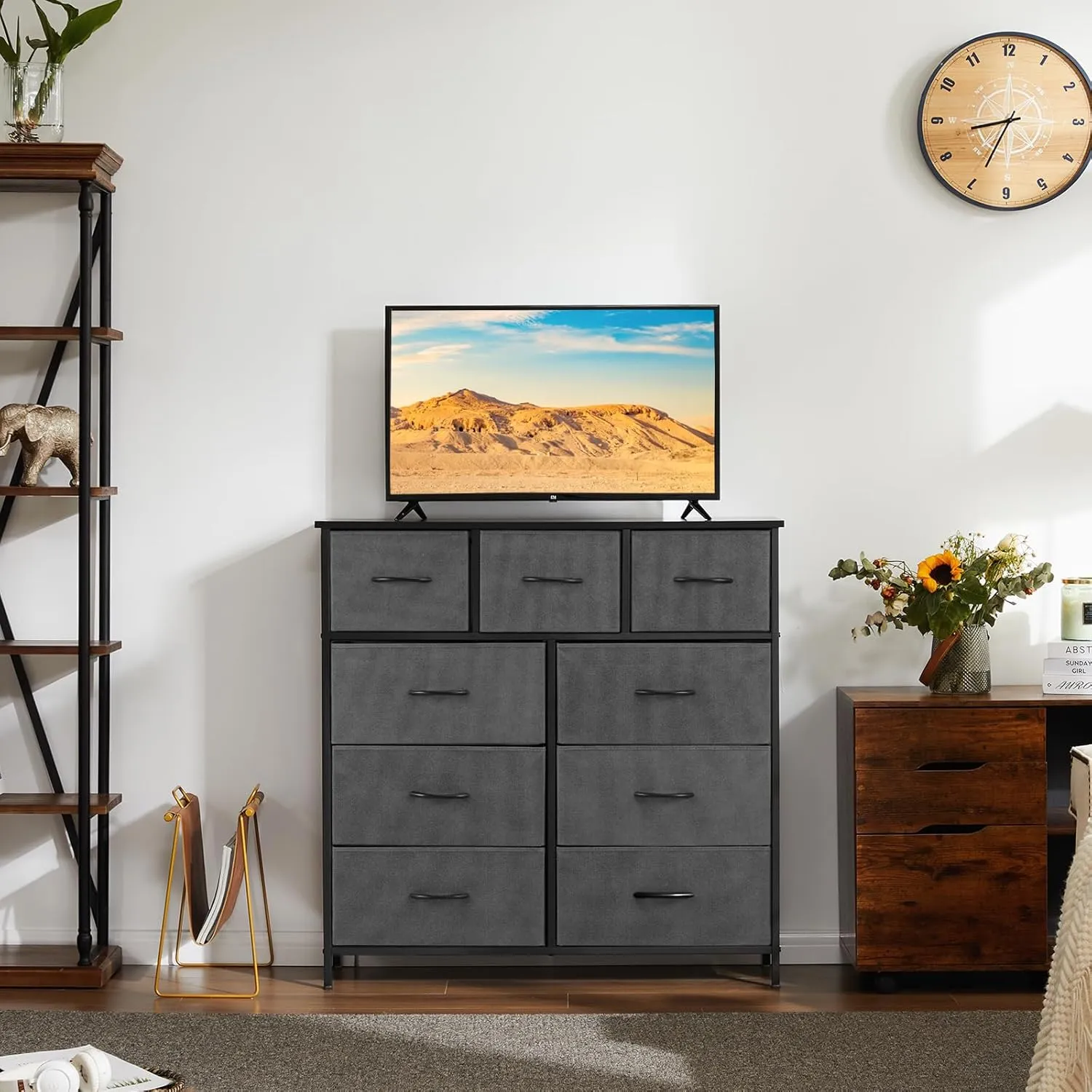 DUMOS Dresser for Bedroom, Dressers & Chests of Drawers Dresser Organizer, Wood Top Table Furniture with 9 Fabric Storage Tower Unit, Chest of Drawers for Closet, Living Room, Hallway, Porch