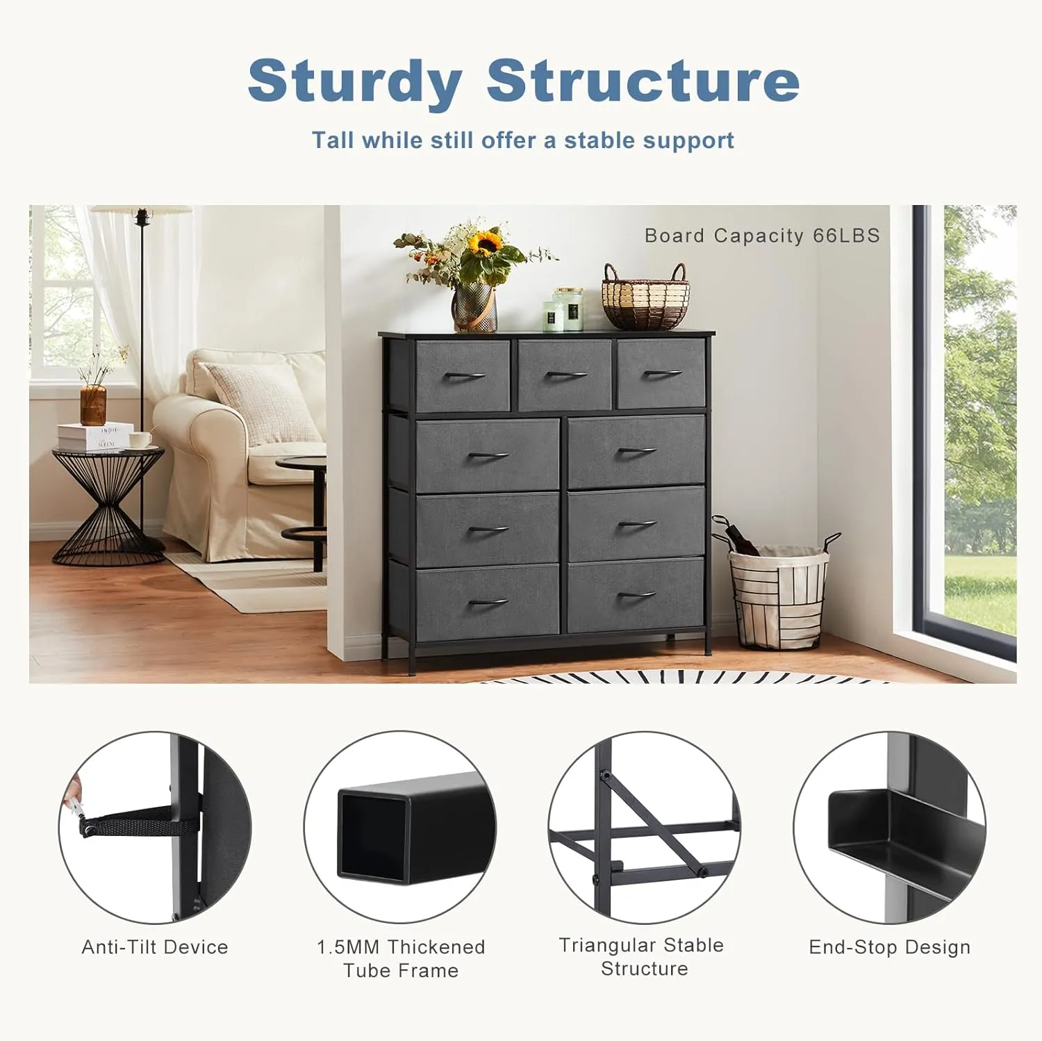 DUMOS Dresser for Bedroom, Dressers & Chests of Drawers Dresser Organizer, Wood Top Table Furniture with 9 Fabric Storage Tower Unit, Chest of Drawers for Closet, Living Room, Hallway, Porch
