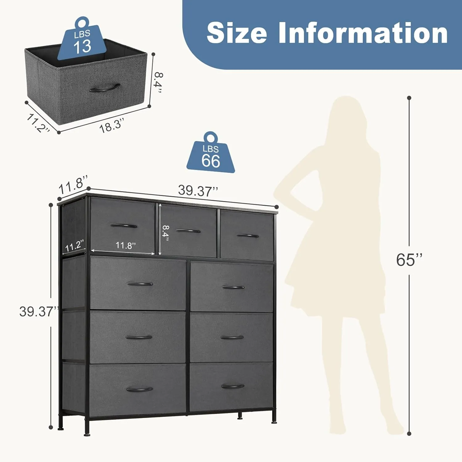 DUMOS Dresser for Bedroom, Dressers & Chests of Drawers Dresser Organizer, Wood Top Table Furniture with 9 Fabric Storage Tower Unit, Chest of Drawers for Closet, Living Room, Hallway, Porch