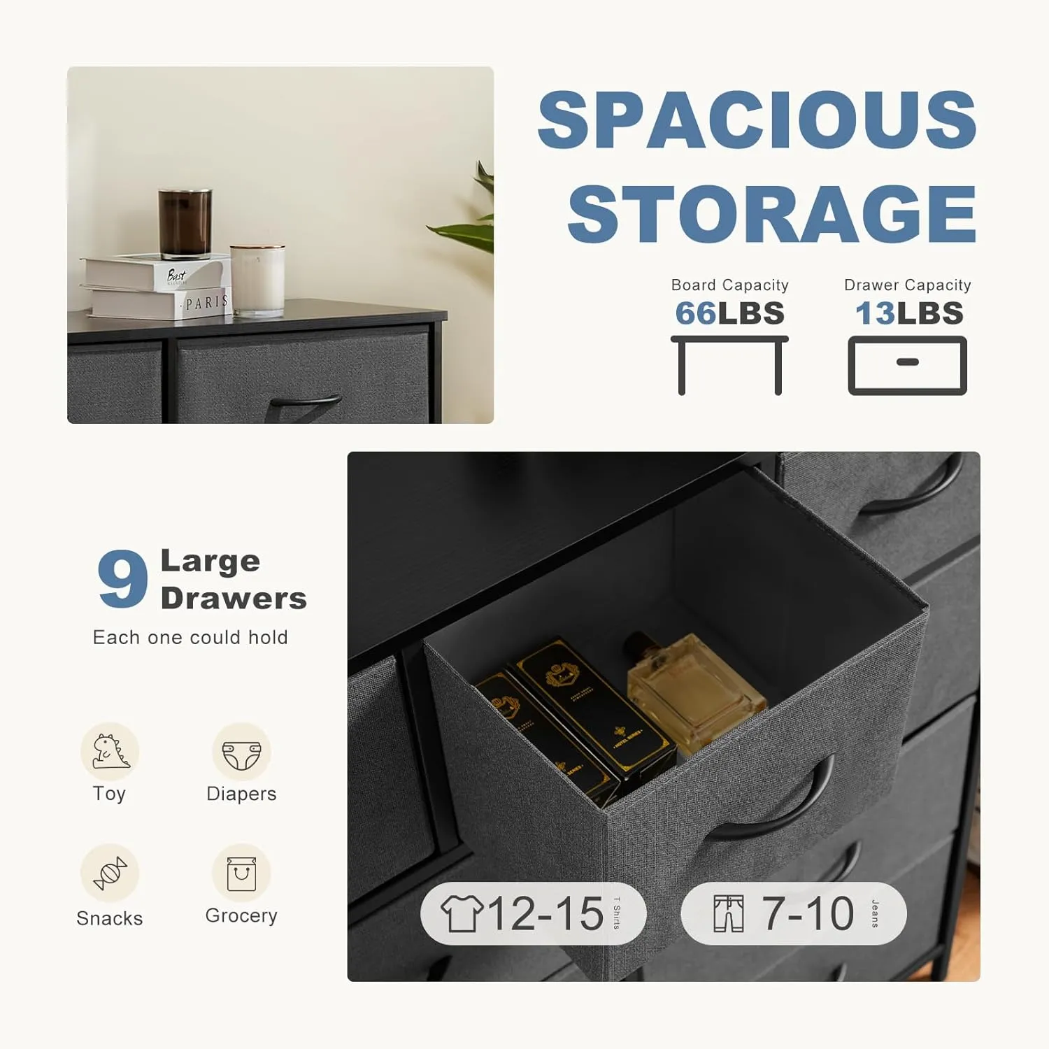 DUMOS Dresser for Bedroom, Dressers & Chests of Drawers Dresser Organizer, Wood Top Table Furniture with 9 Fabric Storage Tower Unit, Chest of Drawers for Closet, Living Room, Hallway, Porch