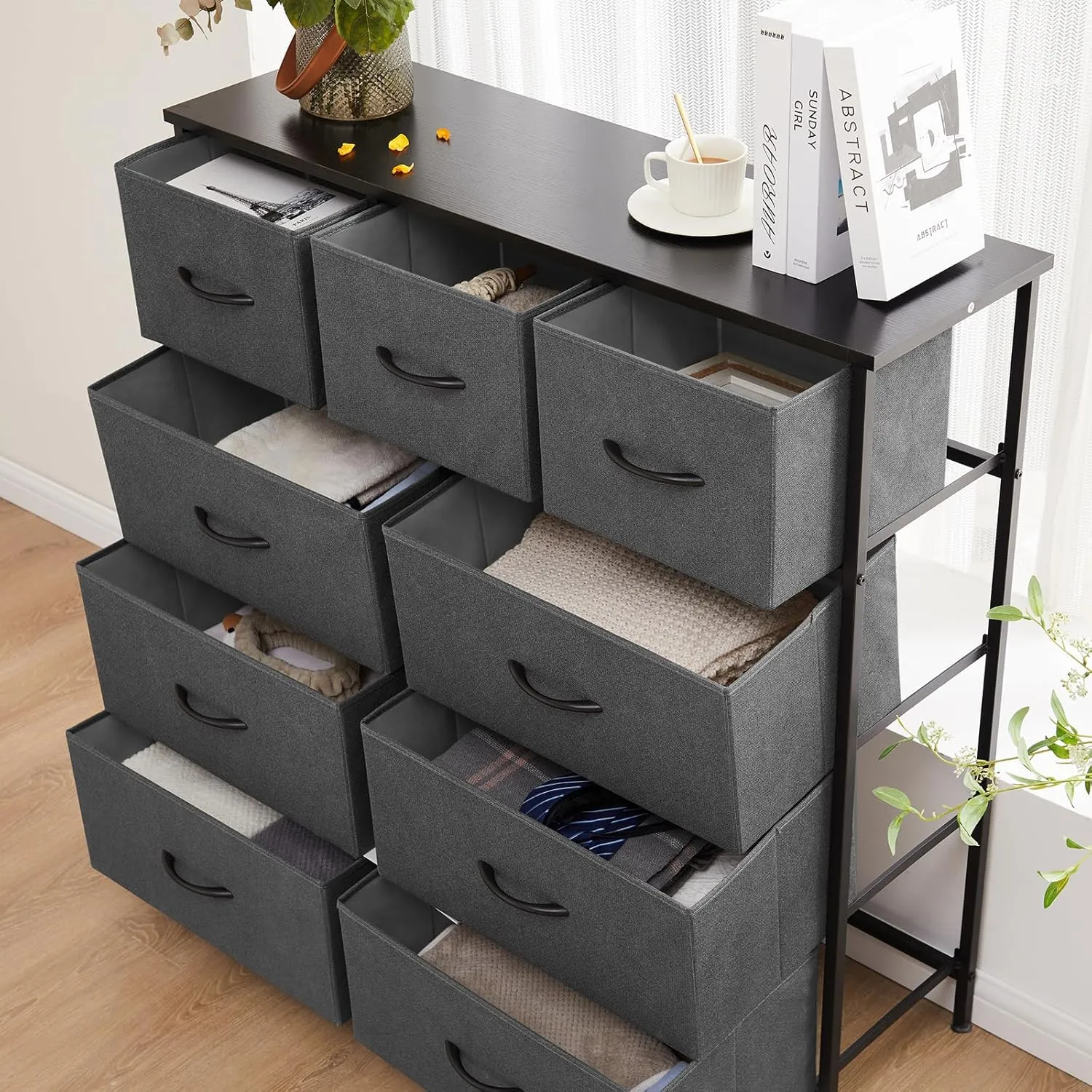 DUMOS Dresser for Bedroom, Dressers & Chests of Drawers Dresser Organizer, Wood Top Table Furniture with 9 Fabric Storage Tower Unit, Chest of Drawers for Closet, Living Room, Hallway, Porch
