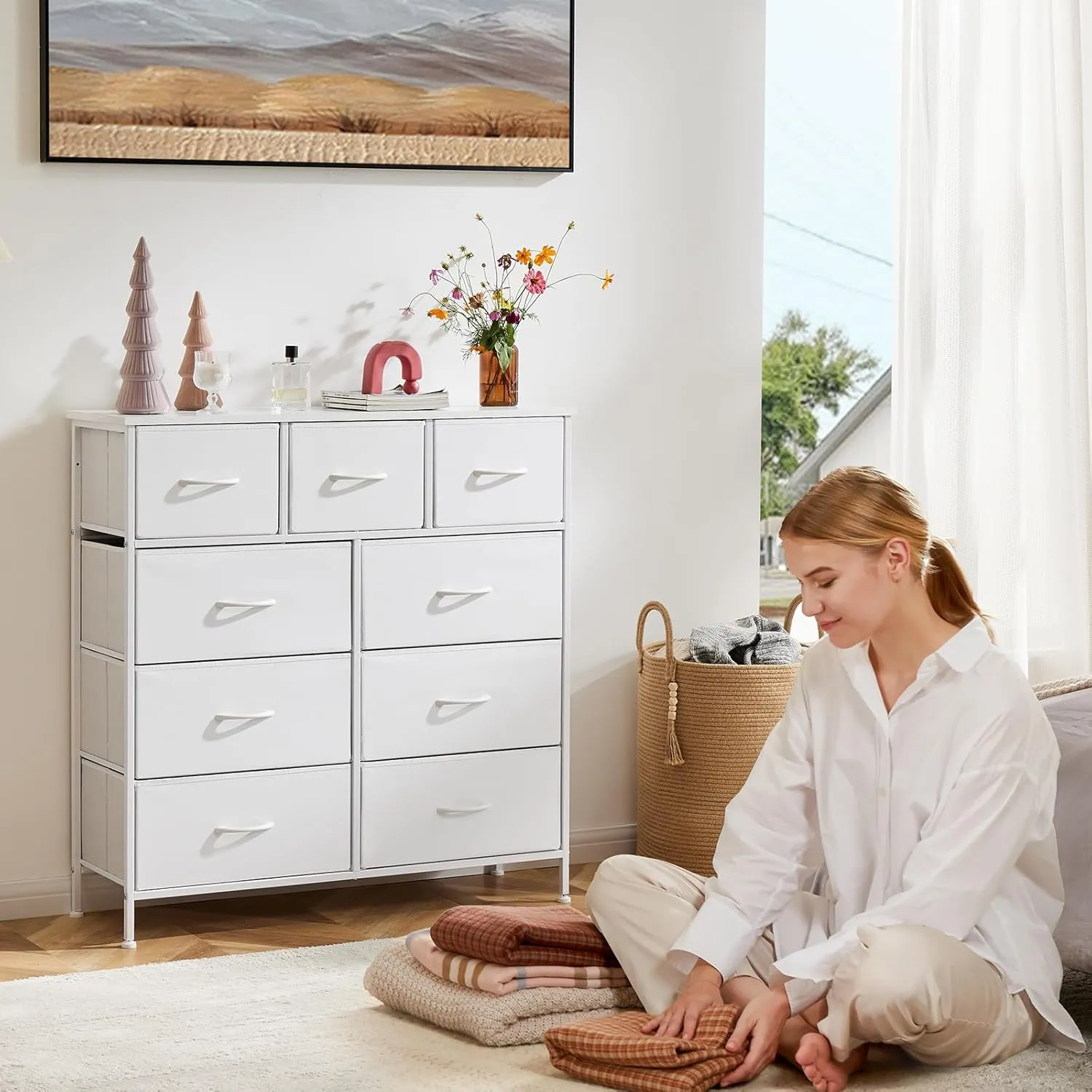 DUMOS Dresser for Bedroom, Storage Organizer with 9 Drawers, Chest of Drawers with Fabric Bins, Sturdy Metal Frame, Wood Tabletop for Guest Room, Closet, Entryway, Nursery