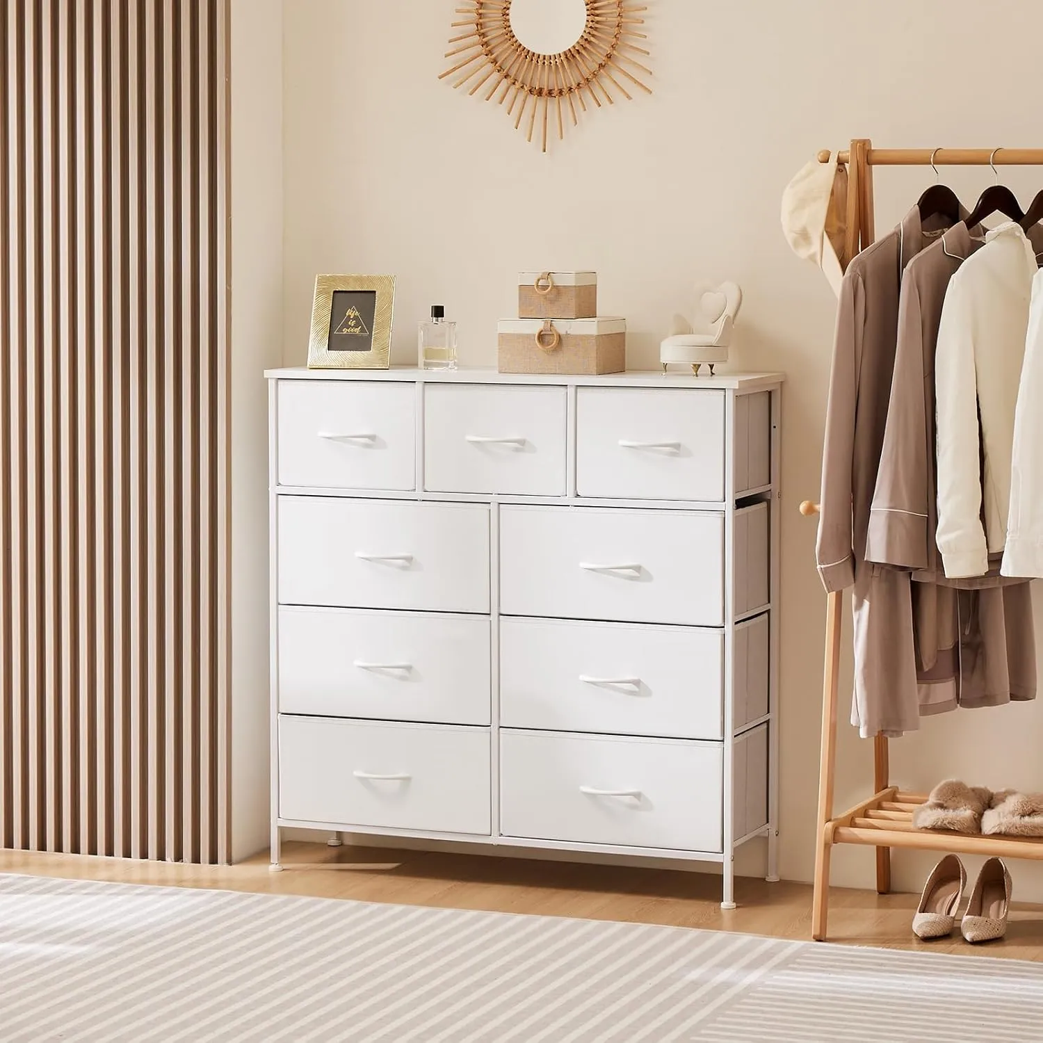 DUMOS Dresser for Bedroom, Storage Organizer with 9 Drawers, Chest of Drawers with Fabric Bins, Sturdy Metal Frame, Wood Tabletop for Guest Room, Closet, Entryway, Nursery