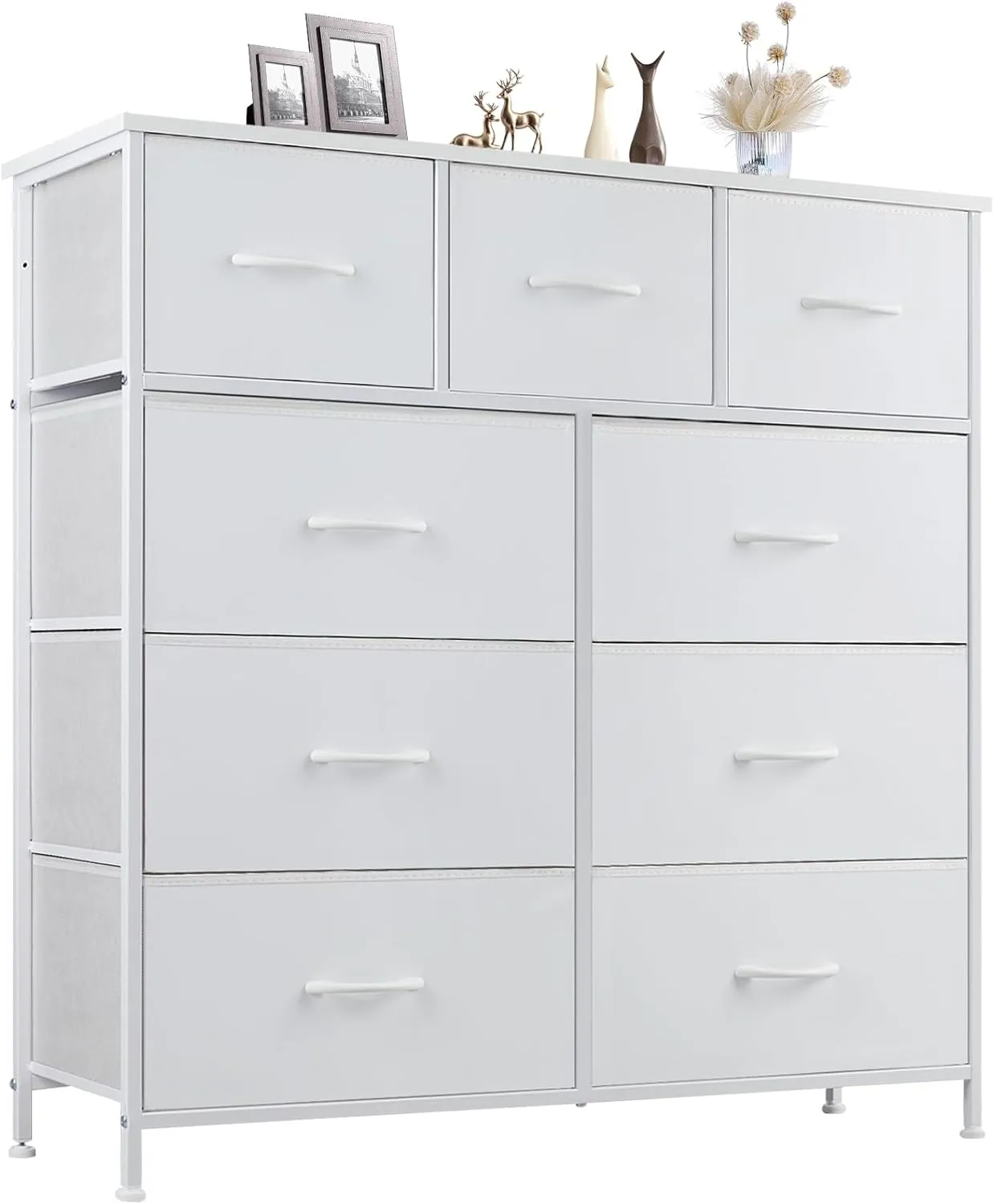 DUMOS Dresser for Bedroom, Storage Organizer with 9 Drawers, Chest of Drawers with Fabric Bins, Sturdy Metal Frame, Wood Tabletop for Guest Room, Closet, Entryway, Nursery