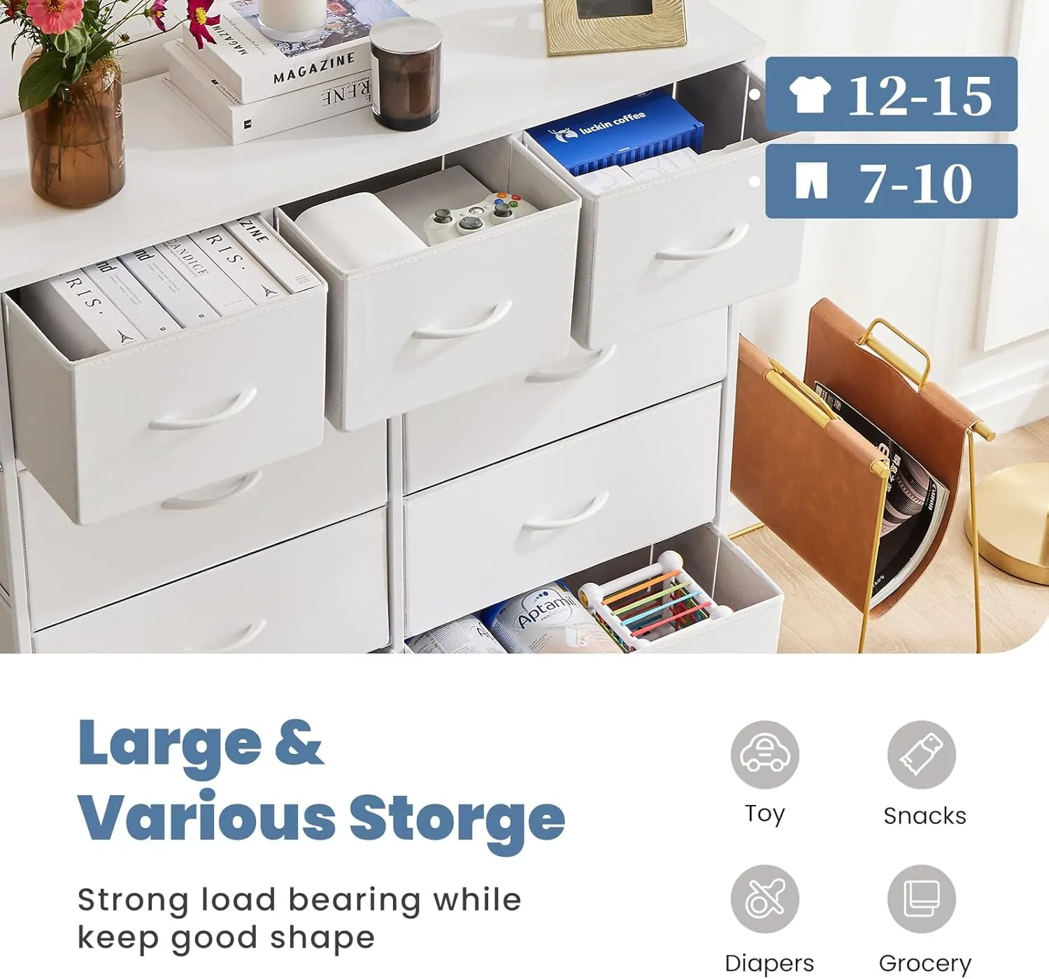 DUMOS Dresser for Bedroom, Storage Organizer with 9 Drawers, Chest of Drawers with Fabric Bins, Sturdy Metal Frame, Wood Tabletop for Guest Room, Closet, Entryway, Nursery